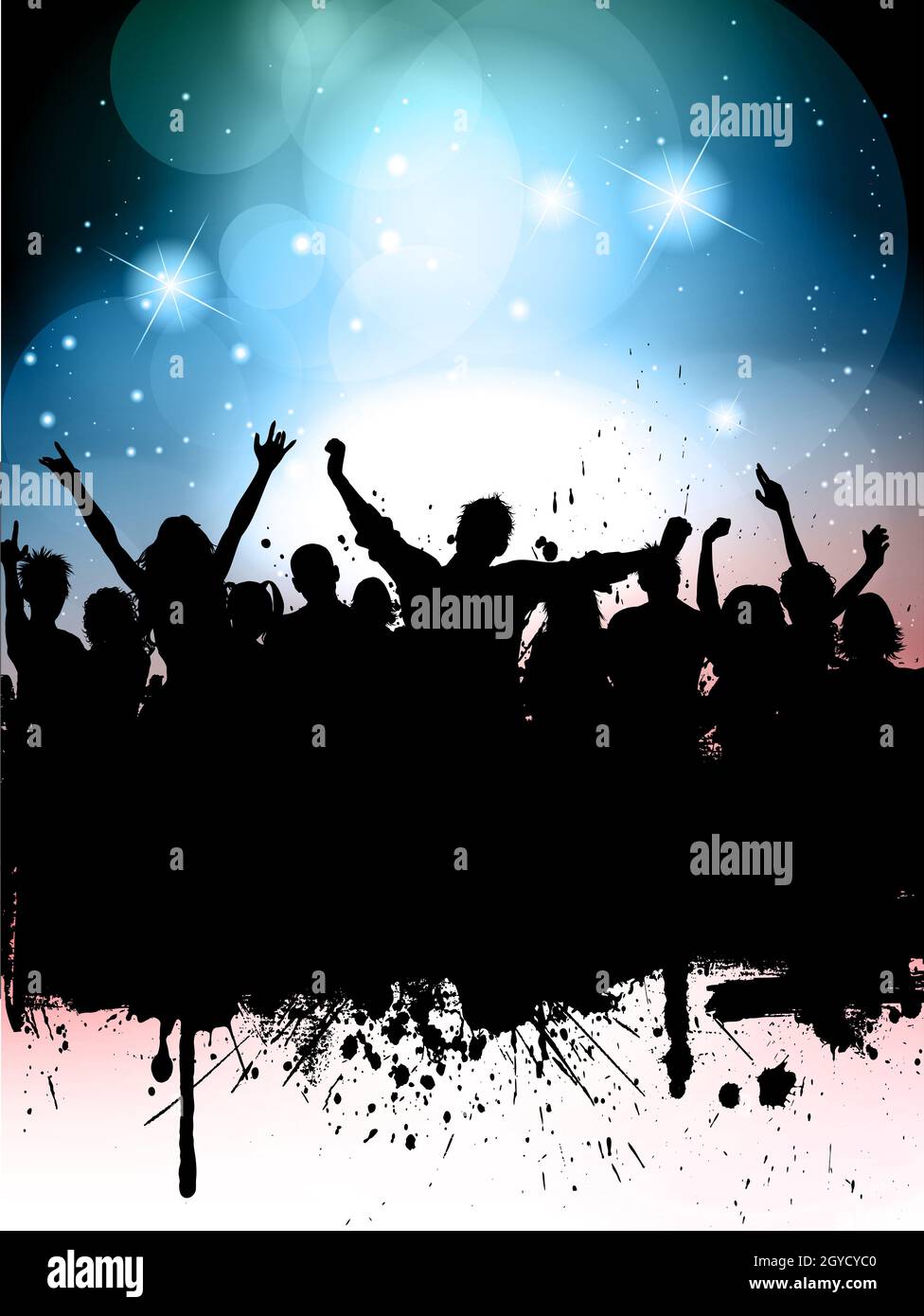 Silhouette einer Grunge-Menge auf einer Party Lichter Hintergrund Stockfoto