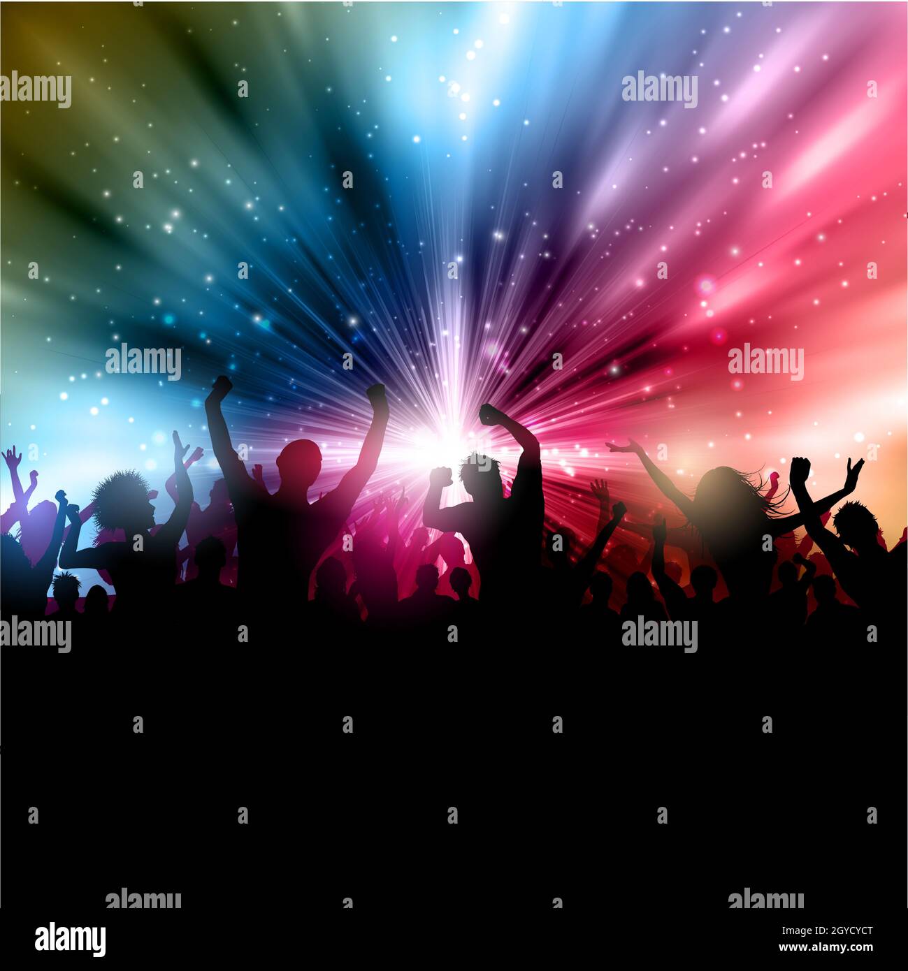 Silhouette der Party-Crowd auf eine abstrakte Starburst-Hintergrund Stockfoto