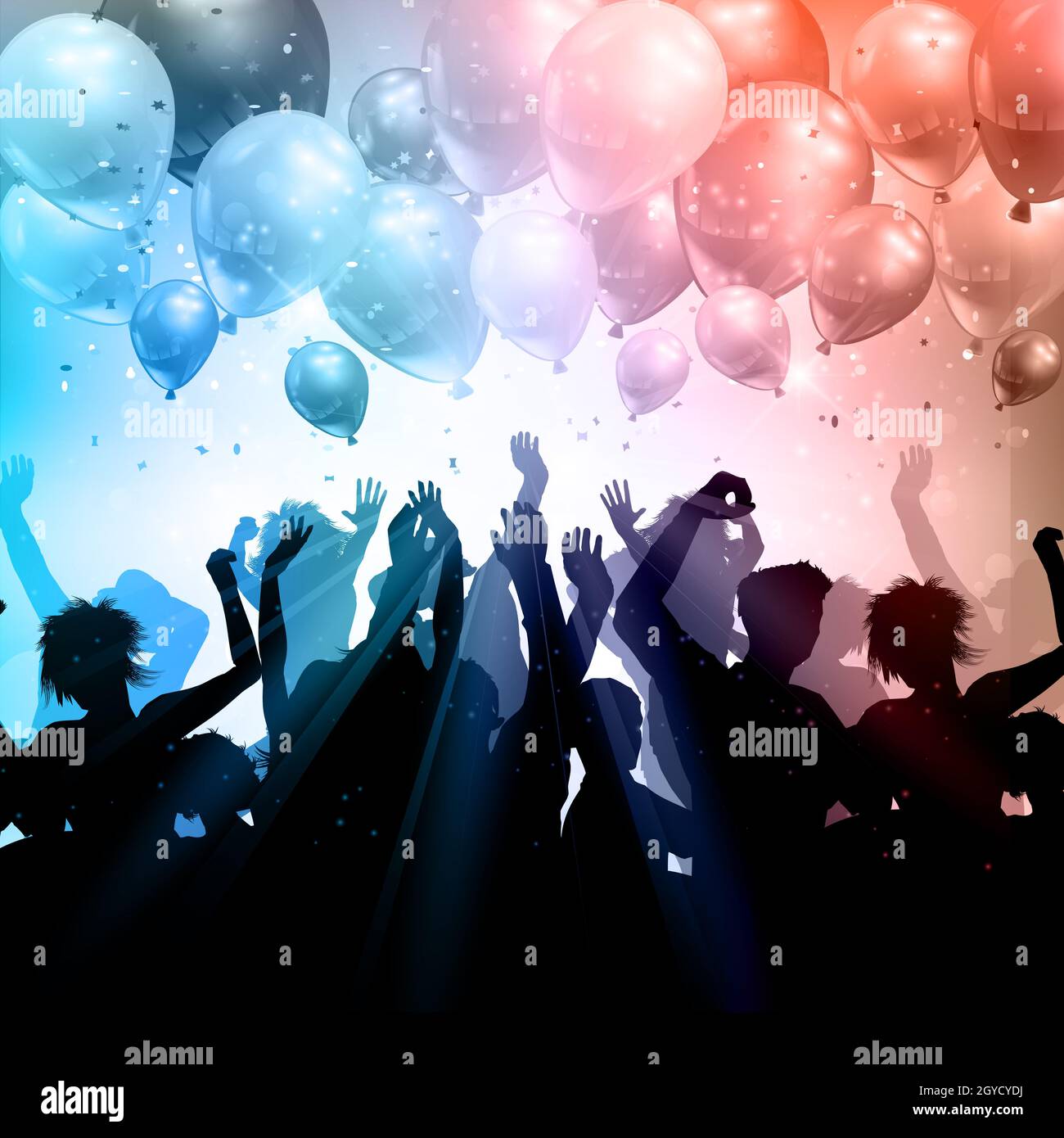 Silhouette einer Partei Gast auf einem Hintergrund von Ballons und Konfetti Stockfoto