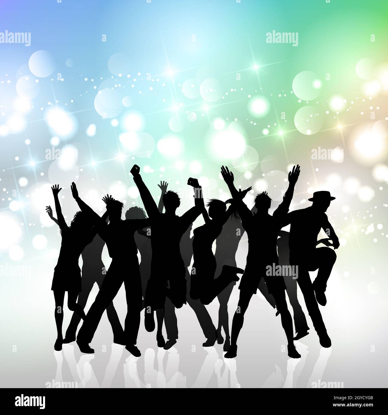 Silhouette einer Party Menge auf einem Bokhe Lichter Hintergrund Stockfoto