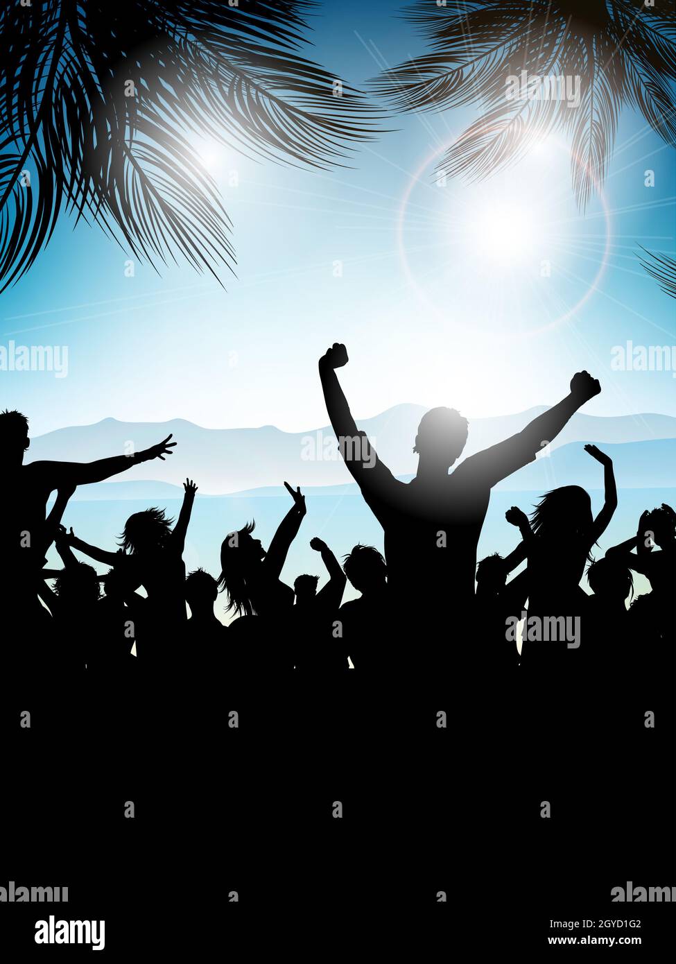 Silhouette der Party-Crowd auf einem Sommer-Hintergrund Stockfoto