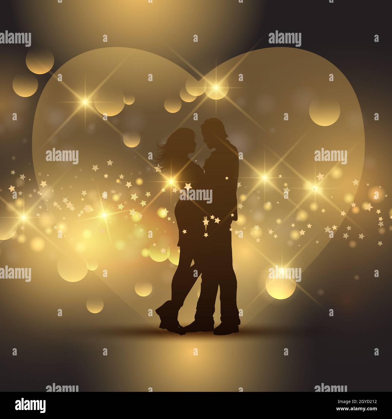 Silhouette eines Valentine Paar vor einem goldenen Herzen Stockfoto