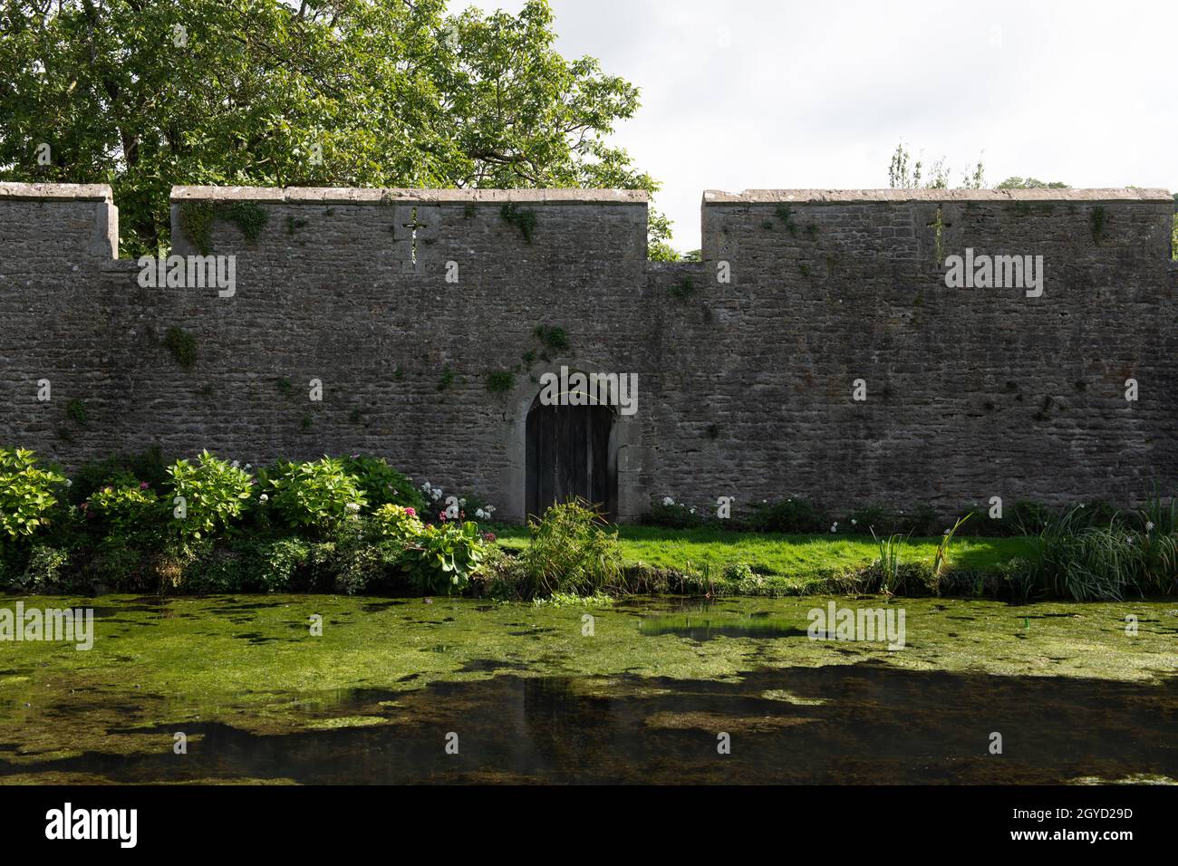 Steineingang zum Bischofspalast mit dem Graben vor dem Gebäude, gefüllt mit Algen und Pflanzen Stockfoto