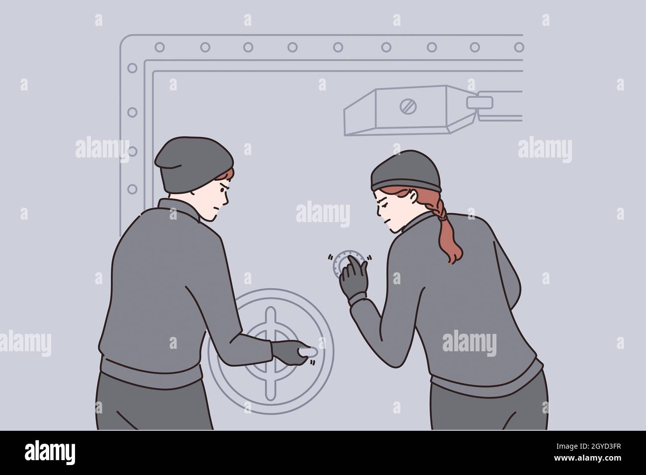 Raub- und Verbrechenskonzept. Zwei junge Räuber Mann und Frau in Uniform Comic-Figuren stehen versuchen, Gewölbeschloss brechen und Tür Vektor illu öffnen Stockfoto