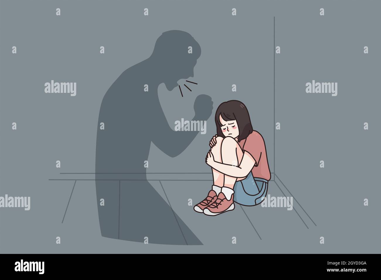 Konzept von Kindesmissbrauch und Angst. Kleine gestresste Mädchen Zeichentrickfigur auf dem Boden sitzend und ihrem Vater lauscht Schatten, der ihr Gefühl verärgert und d anbrüllt Stockfoto
