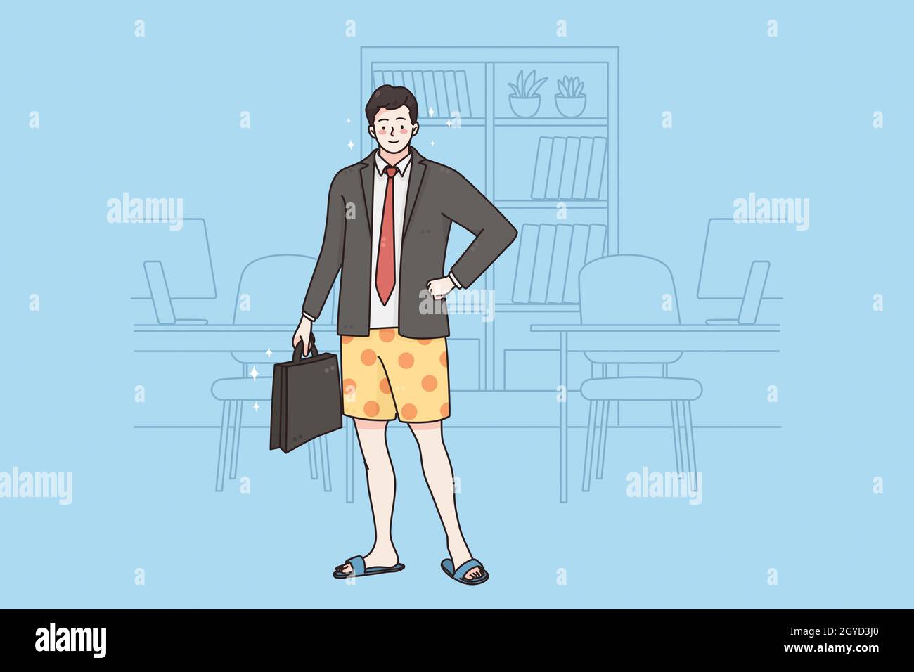 Träumen vom Urlaubskonzept. Junge lächelnde positive Geschäftsmann Zeichentrickfigur in Jacke in Shorts mit Koffer träumen von Ruhe und vac Stockfoto