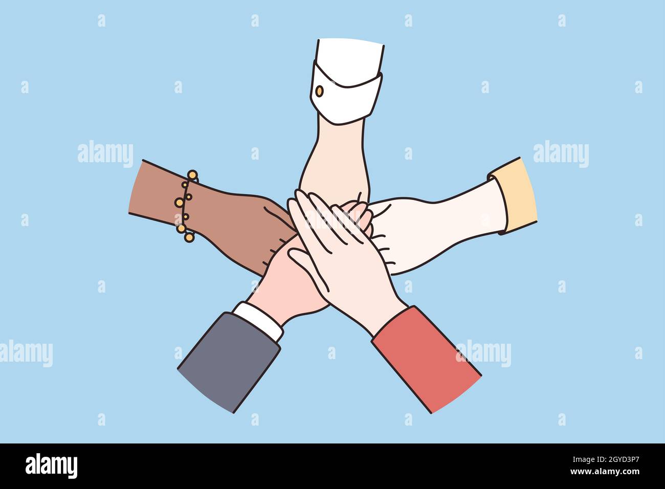 Teamwork, Vielfalt, Übereinstimmung, Partnerschaftskonzept. Menschliche Hände gemischter ethnischer Gruppen halten zusammen. Bedeutung soziale Gemeinschaft und Einheit Vektor krank Stockfoto