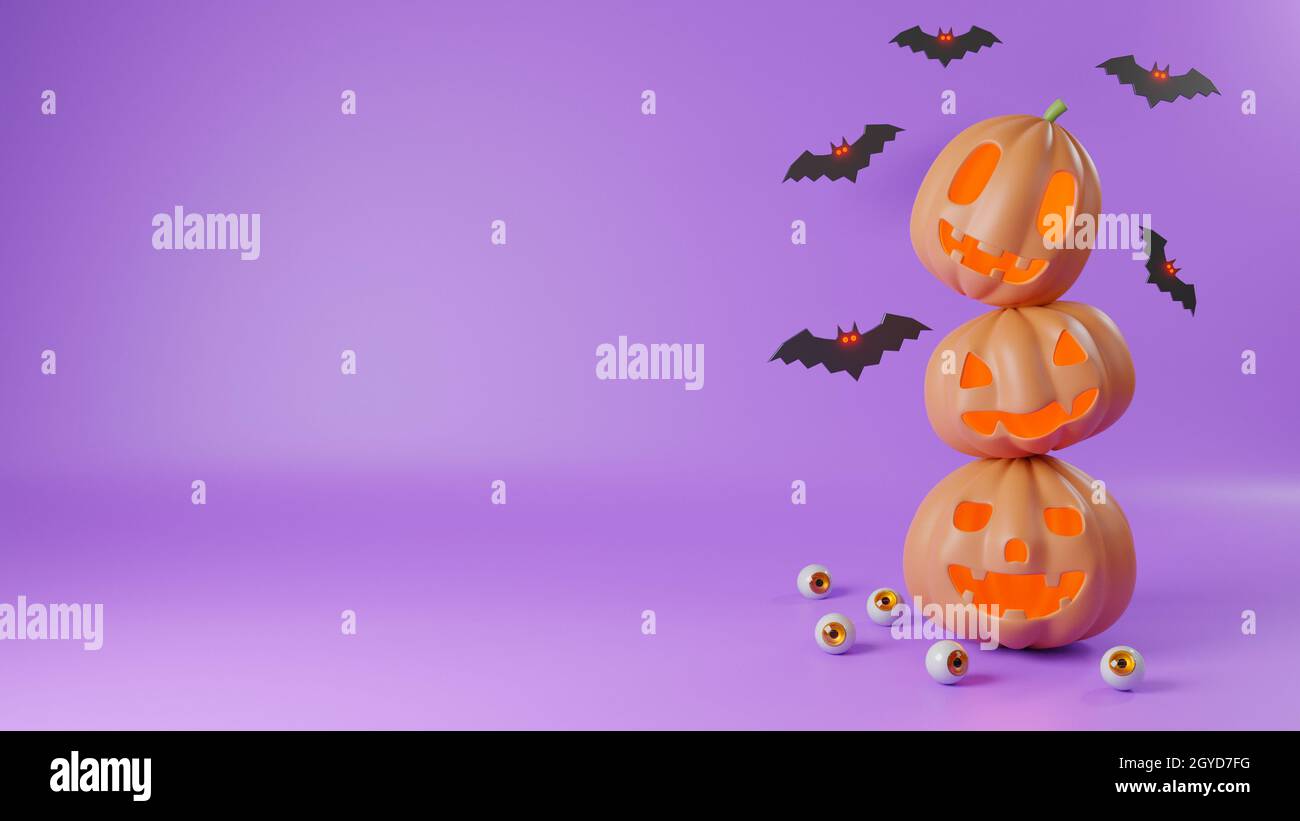 Halloween's Day Konzept. Niedlichen Kürbis Geist, Augapfel und Fledermaus, Feier Halloween Event Vorlage minimal Stil auf lila Hintergrund, 3D-Rendering Stockfoto