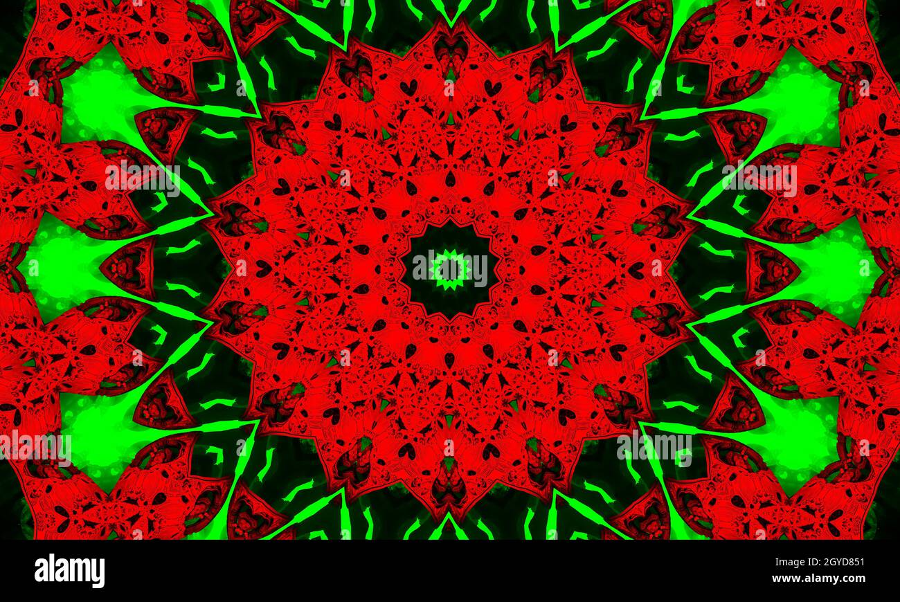 Abstrakter Hintergrund mit rot-grünem Ornament. Kaleidoskop Muster für Design. Stilisierte rote Blume auf grünem Hintergrund. Stockfoto