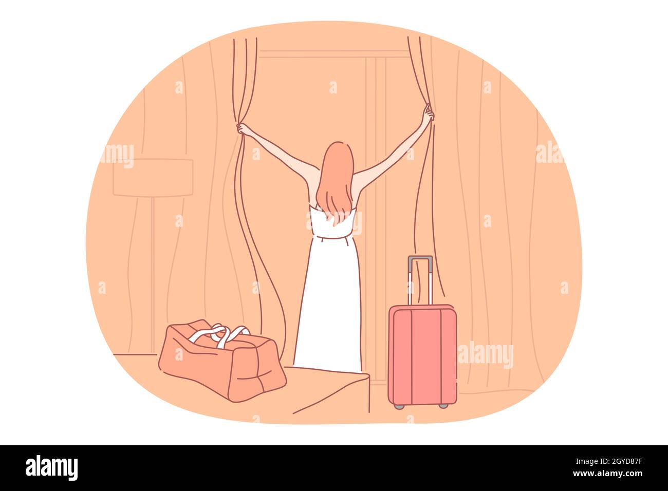 Reisen mit Gepäck, Urlaub und Reise mit Koffer Konzept. Junge Frau Reisende Touristen stehen und öffnen Hotelfenster am Ziel p Stockfoto
