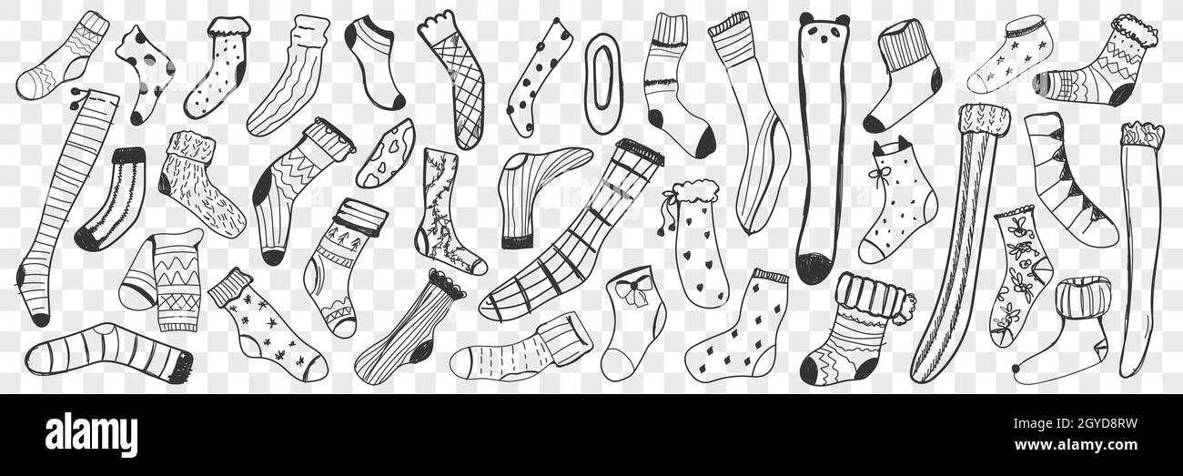 Socken-Doodle-Set. Sammlung von handgezeichneten verschiedenen langen und kurzen Socken und Kniestrümpfen für lässiges Tragen isoliert auf transparentem Hintergrund. Illust Stockfoto