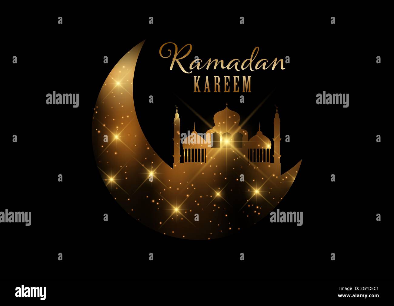 Eleganter Ramadan Kareem Hintergrund mit goldenen Lichtern und Sternen Design Stockfoto