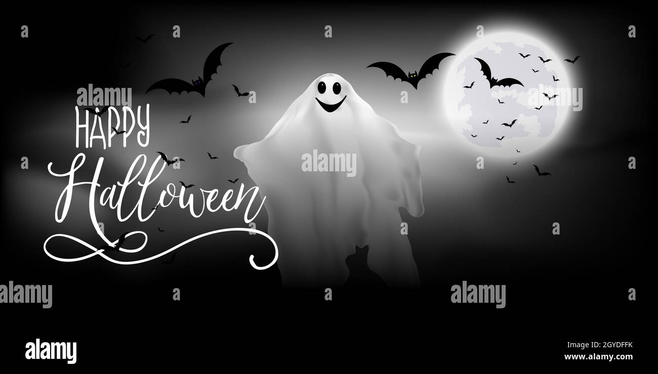 Halloween Banner mit Geister- und Fledermausdesign Stockfoto