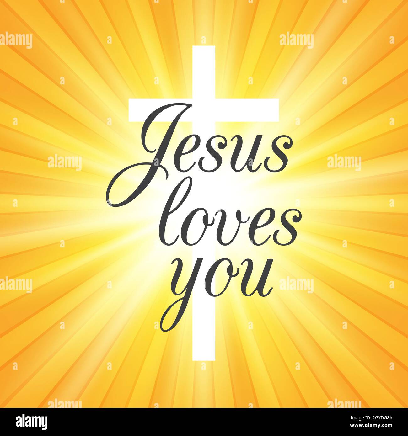 Jesus liebt dich Text auf einem Kreuz und Starburst Hintergrund Stockfoto