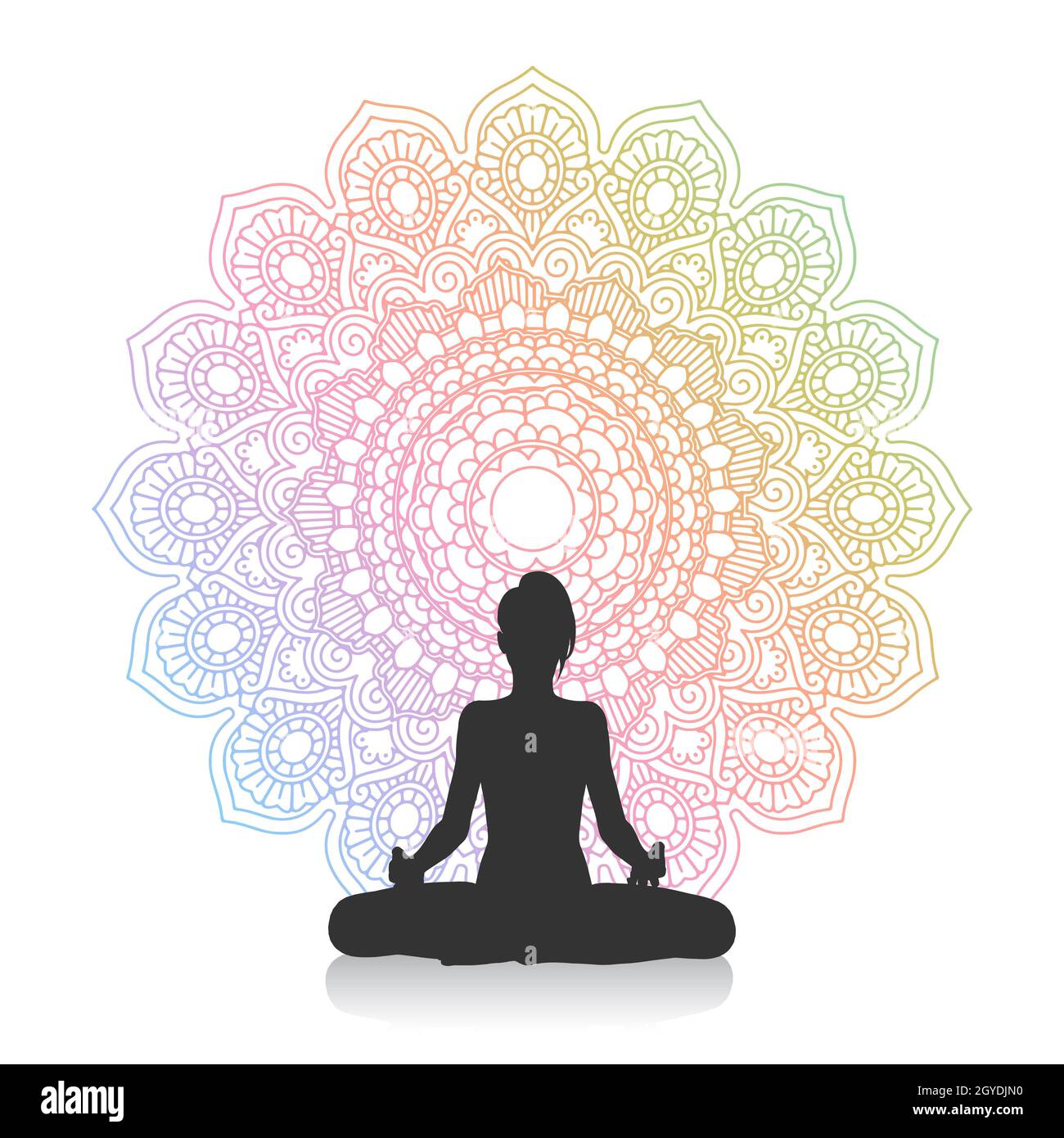 Silhouette einer Frau in Yoga-Pose gegen Mandala-Design Stockfoto