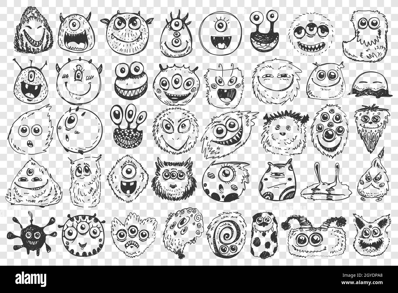 Monster Doodle Set. Sammlung von handgezeichneten gruseligen Kreaturen alliens hässliche Zyklopen Bestien Maskottchen wütend Gremlins isoliert auf weißem Hintergrund. Illust Stockfoto