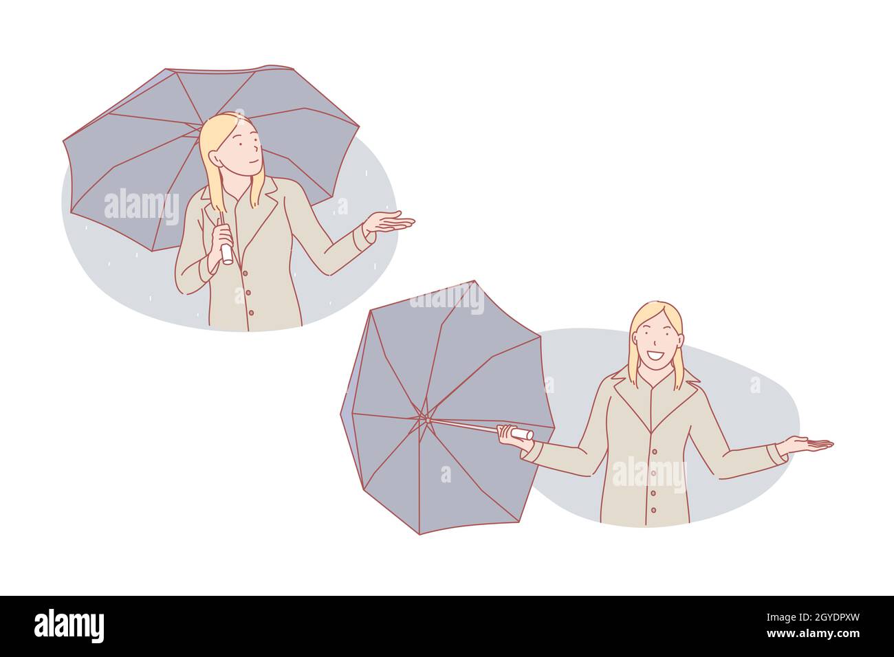 Gutes Wetter oder schlechtes Wetter, Regenschirm-Set-Konzept. Die junge Frau ist traurig über das schlechte Wetter, das unter dem Regenschirm auf Regen steht. Glückliches Mädchen ist über g aufgeregt Stockfoto