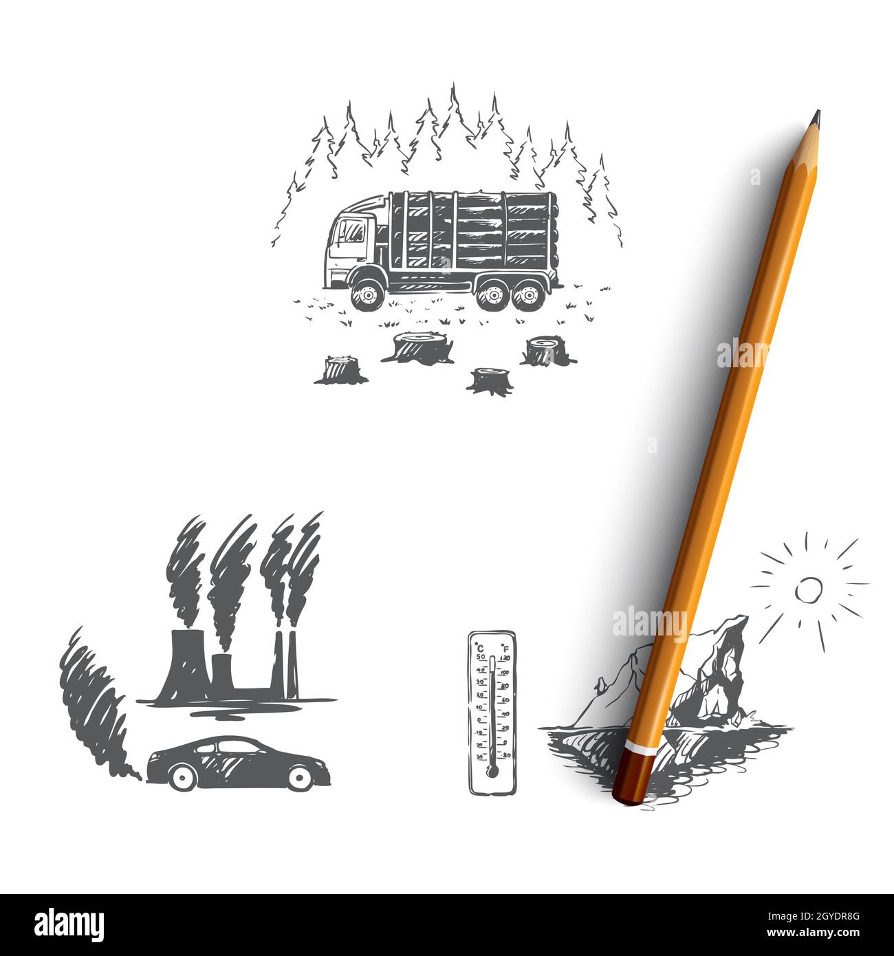 Globale Erwärmung - Fabrik Verschmutzung, Eisberg Schmelzen, Schneiden von Bäumen Vektor-Konzept gesetzt. Von Hand gezeichnete Skizze isolierte Illustration Stockfoto
