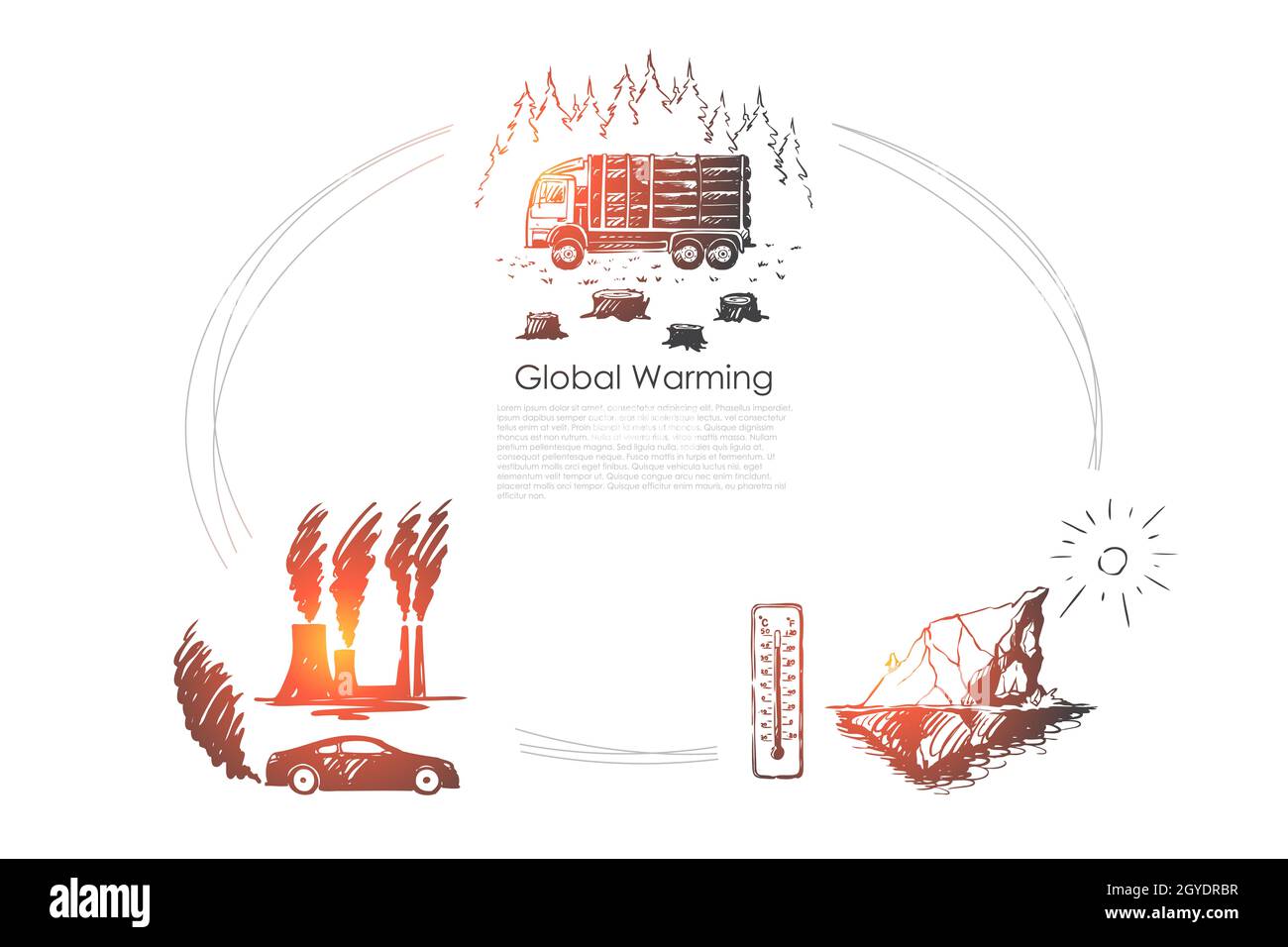 Globale Erwärmung - Fabrik Verschmutzung, Eisberg Schmelzen, Schneiden von Bäumen Vektor-Konzept gesetzt. Von Hand gezeichnete Skizze isolierte Illustration Stockfoto