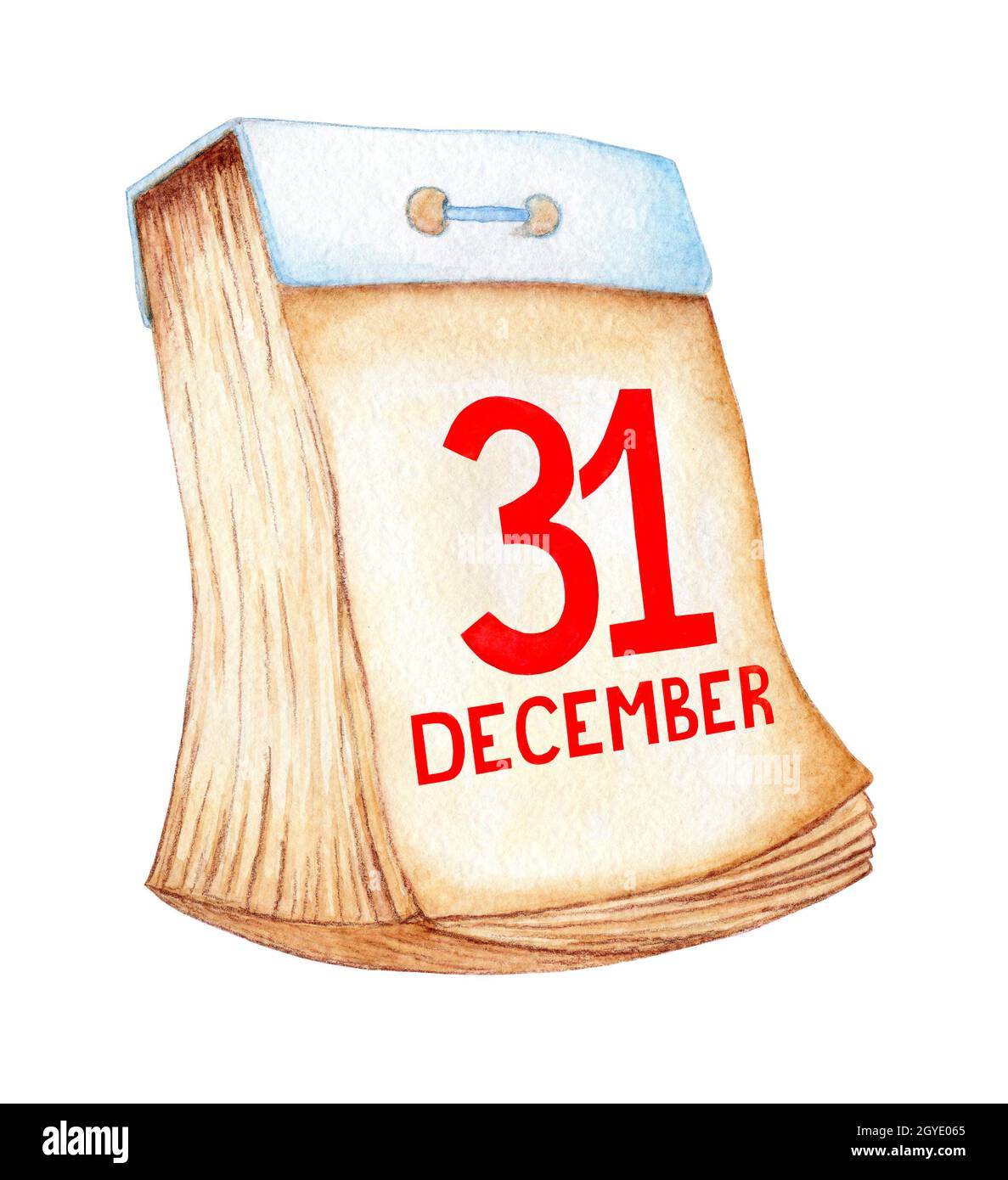 Aquarell-Illustration eines alten Kalenders mit Abrissseiten und dem Datum des 31. Dezember in Rot. Urlaub Neujahr isoliert auf weißem Hintergrund. Stockfoto
