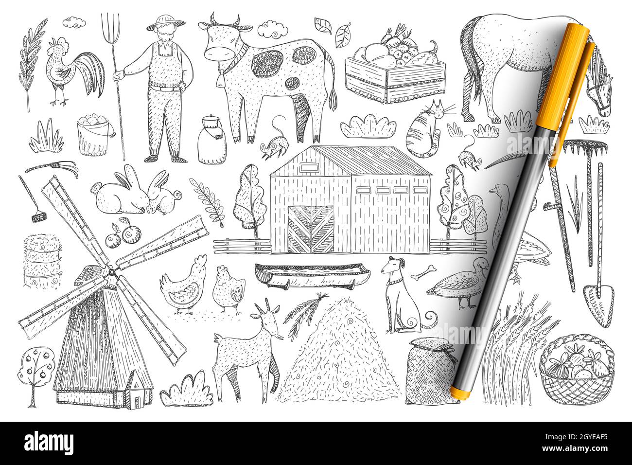 Landwirtschaft und Bauernhof Doodle Set. Sammlung von handgezeichneten Landwirten, Tieren, Ernte, Heuhaufen, Dorfhaus und Futterplätze in Ständen isoliert Stockfoto