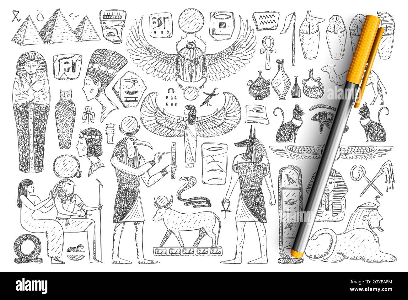 Alte ägyptische Symbole Doodle Set. Sammlung von handgezeichneten Pyramiden, pharao, Priester, religiöse Zeichen und heilige Symbole isoliert auf Transpare Stockfoto