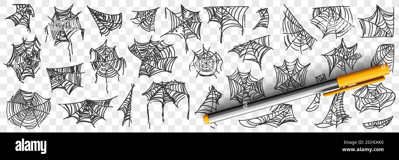 Spider Web Patterns Doodle Set. Sammlung von handgezeichneten Silhouette von natürlichen Mustern von Spinnennetzen in Ecken auf Bäumen isoliert auf transparentem Bac Stockfoto