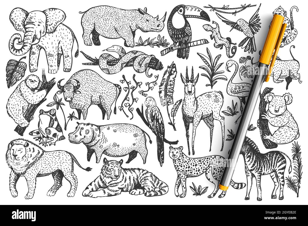 Tiere Doodle Set. Sammlung von lustigen handgezeichneten niedlichen wilden afrikanischen Safari-Säugetiere auf weißem Hintergrund isoliert. Illustration von Leopardenlöwenschlangen Stockfoto