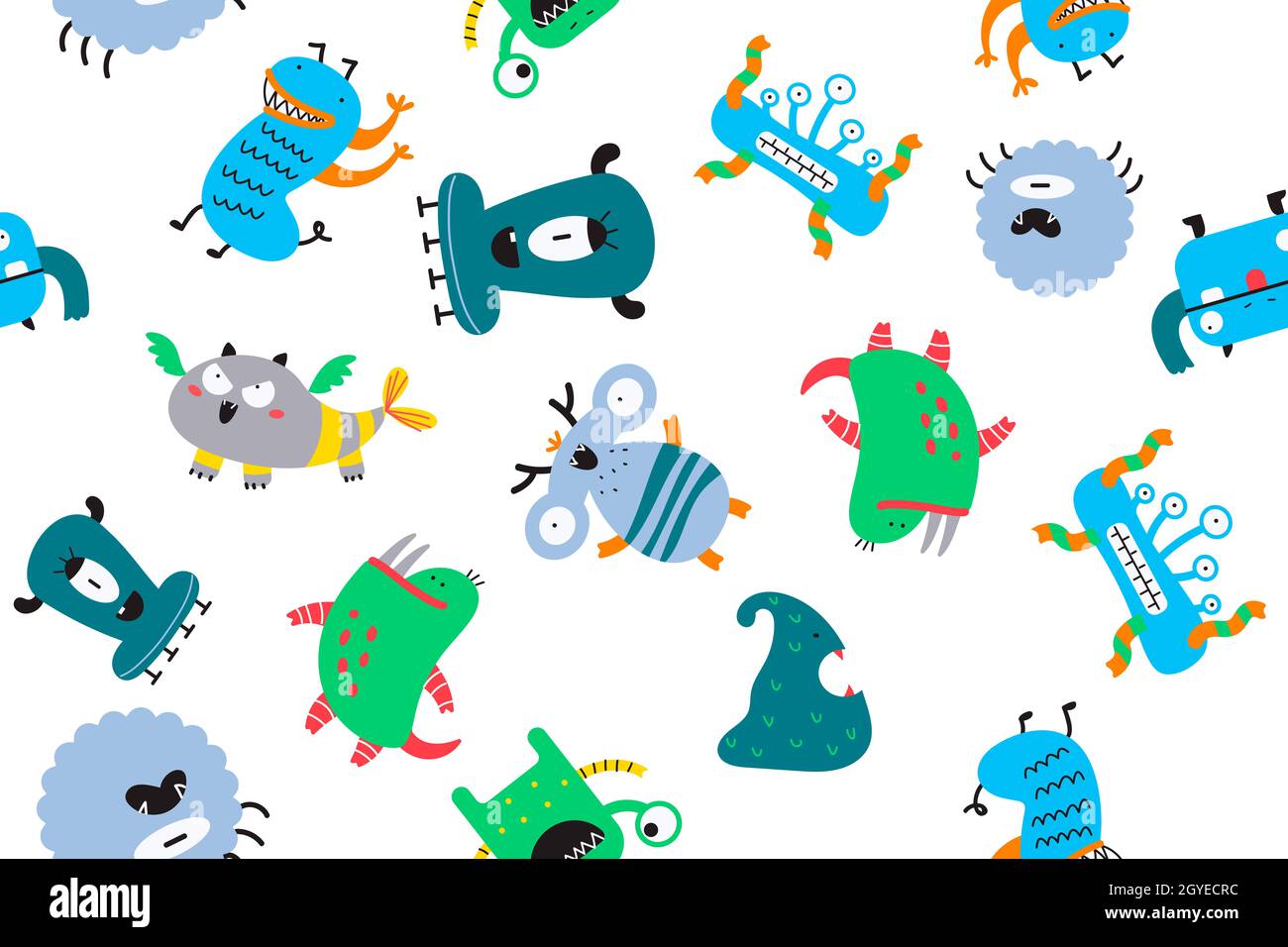 Monster Doodle Set. Sammlung von bunten Comic-Figuren gruselige Kreaturen alliens hässliche Zyklopen Bestien Maskottchen wütend gremlins. Vektor nahtlose il Stockfoto
