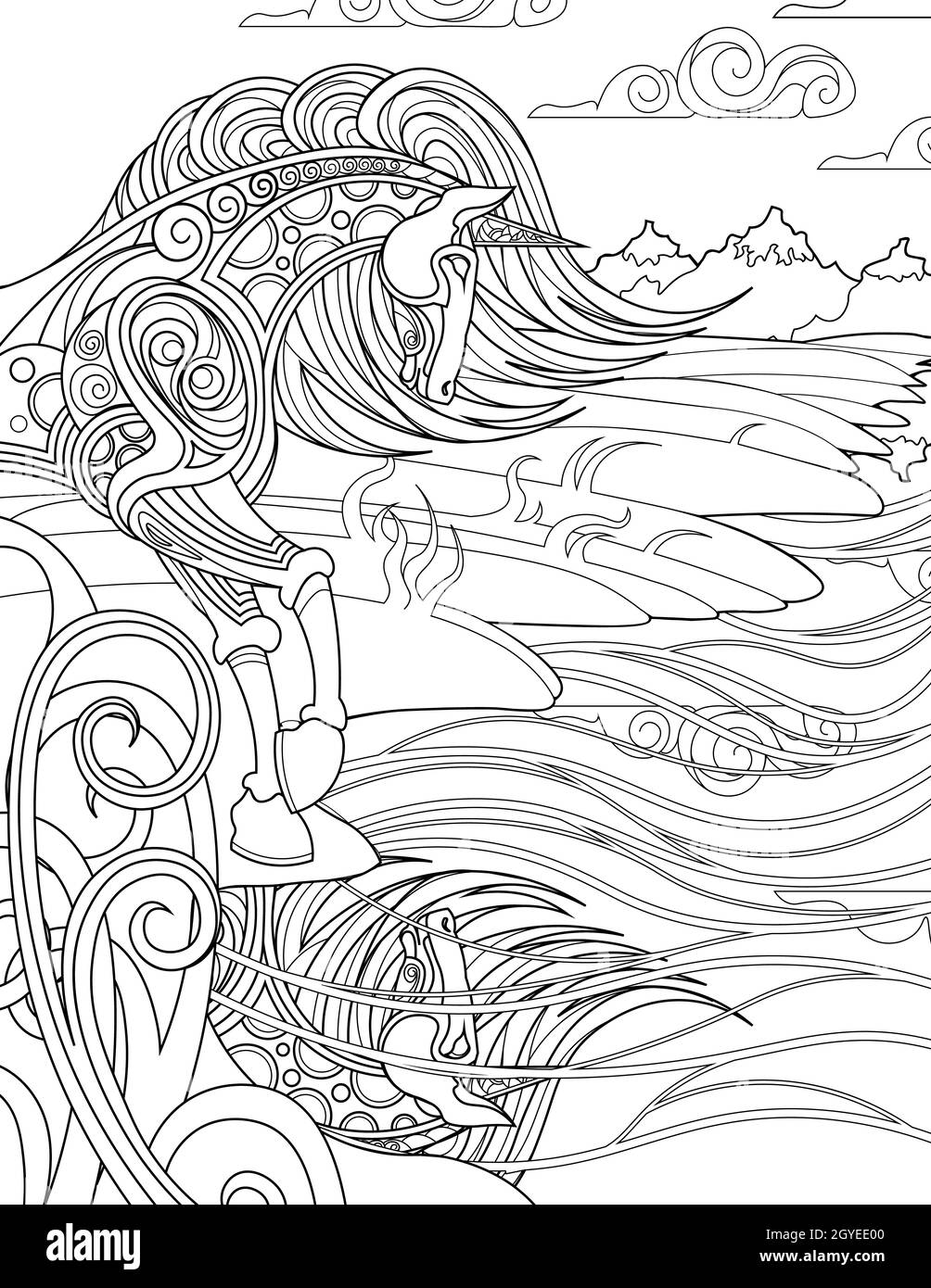 Einhorn Steht Und Starrt Auf Die Wasserspiegelung Auf Der Windy Shore Line Drawing. Stockfoto