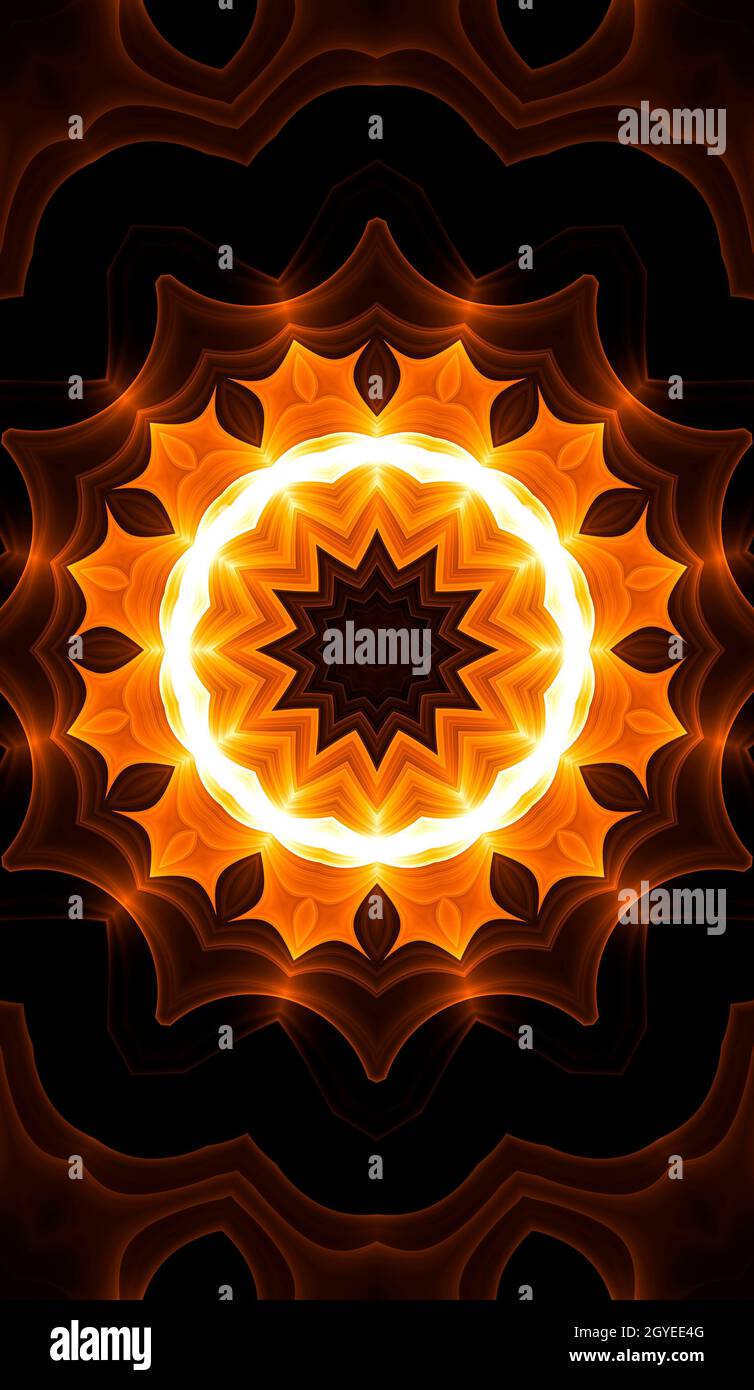 Warmgelbes Kaleidoskop. Im Herbst Mit Spiralmuster Und Tie-Dye-Muster. Kaleidoskopische Textur. Zigeunerkleid. Warme Farben Farbmix-Design. Warme Farben Indonesisch. Brigh Stockfoto