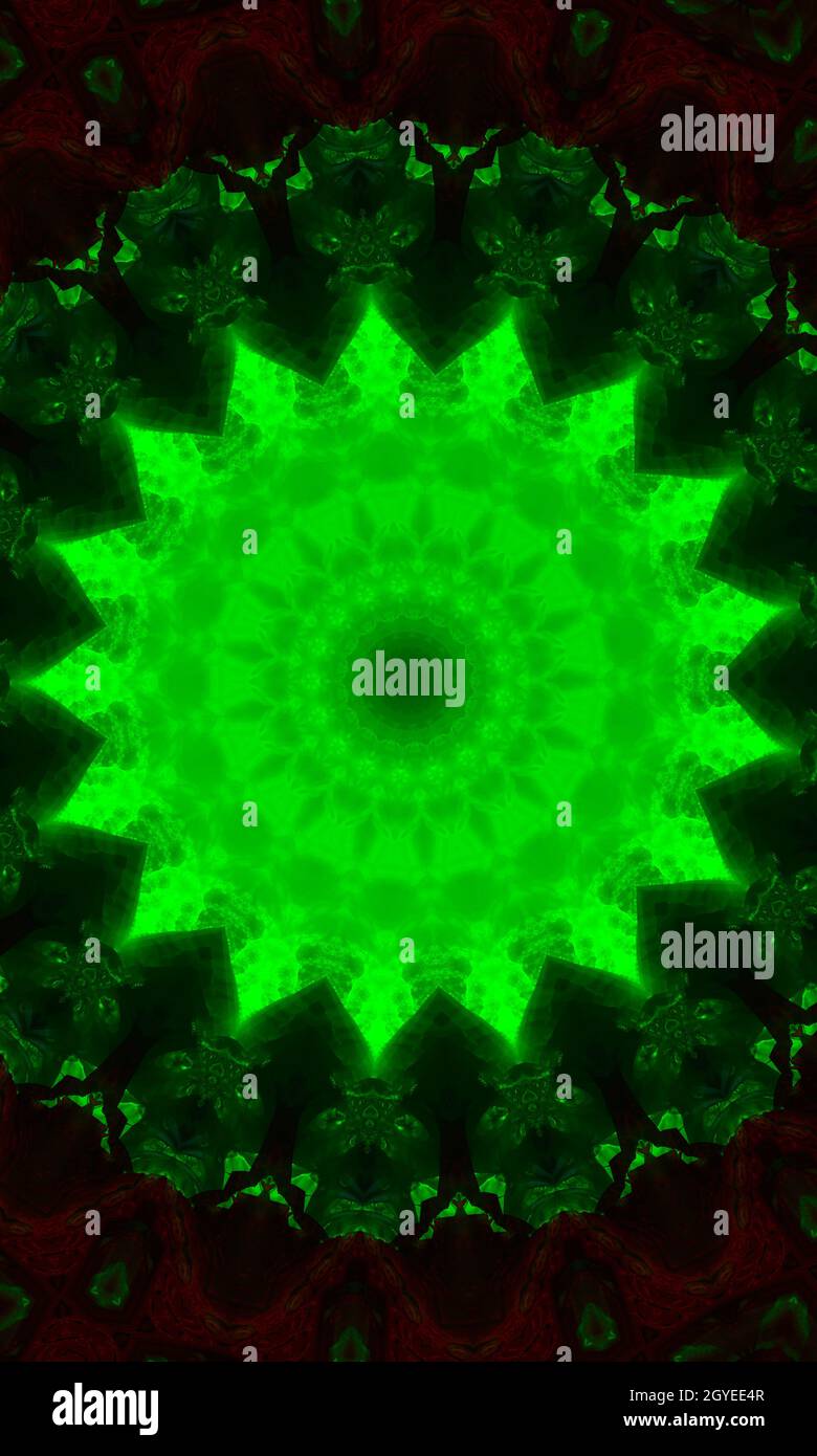 Kreis Hintergrund, leuchtend grüne Mandlala von Anahata Chakra Vertikales Bild. Stockfoto