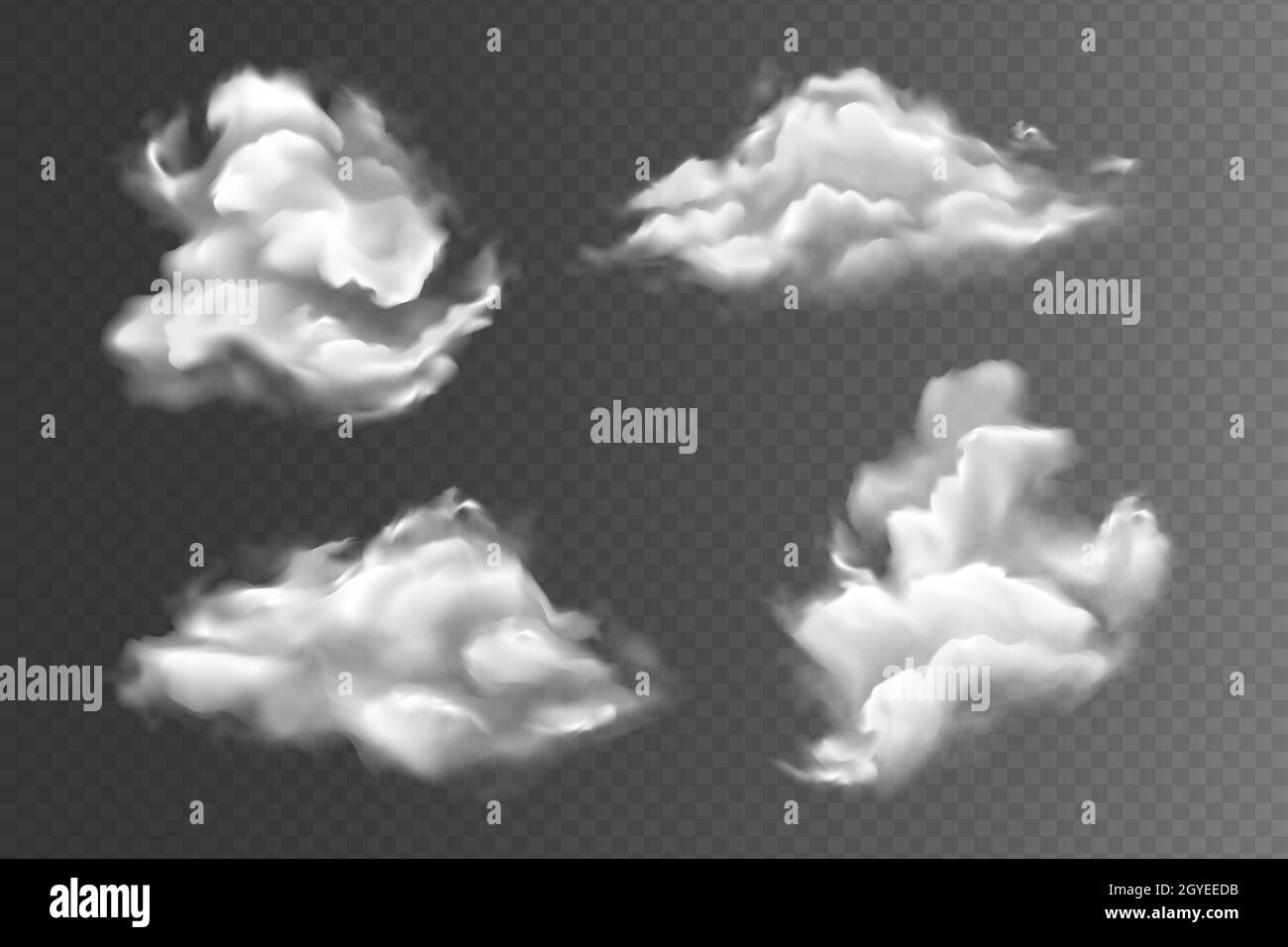 Realistische Himmelswolken setzen sich ein. Sammlung von Realismus Stil gezeichnet verschiedenen Form Form flauschige Cumulus Dampf isoliert Nebel. 3D-Grap für bedeckte Erdatmosphäre Stockfoto