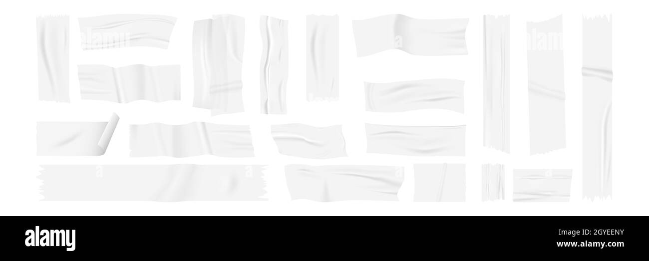 Realistisches Klebebandset. Sammlung von Realismus Stil gezeichnete Klebstoffe Stücke von getapten Papier Aufkleber und Streifen. Illustration von geraden Falten Stockfoto