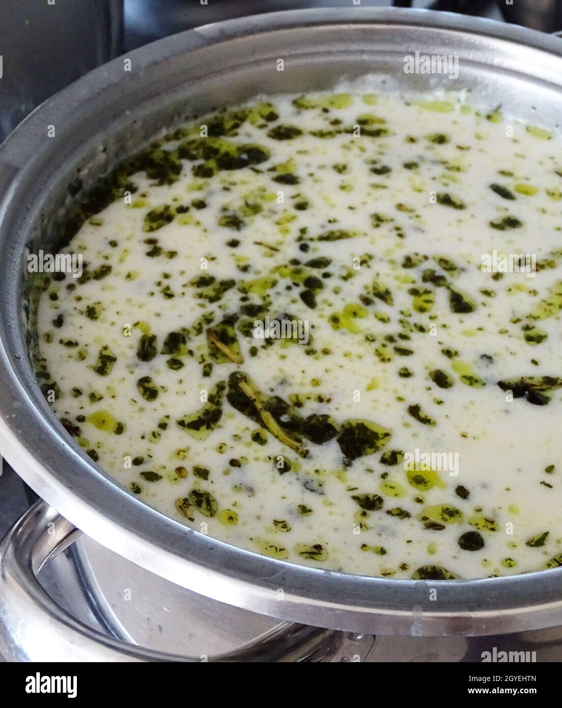 Türkische Plateausuppe, Suppe aus angespannter Joghurt, Joghurt-Suppe aus Minze, Stockfoto