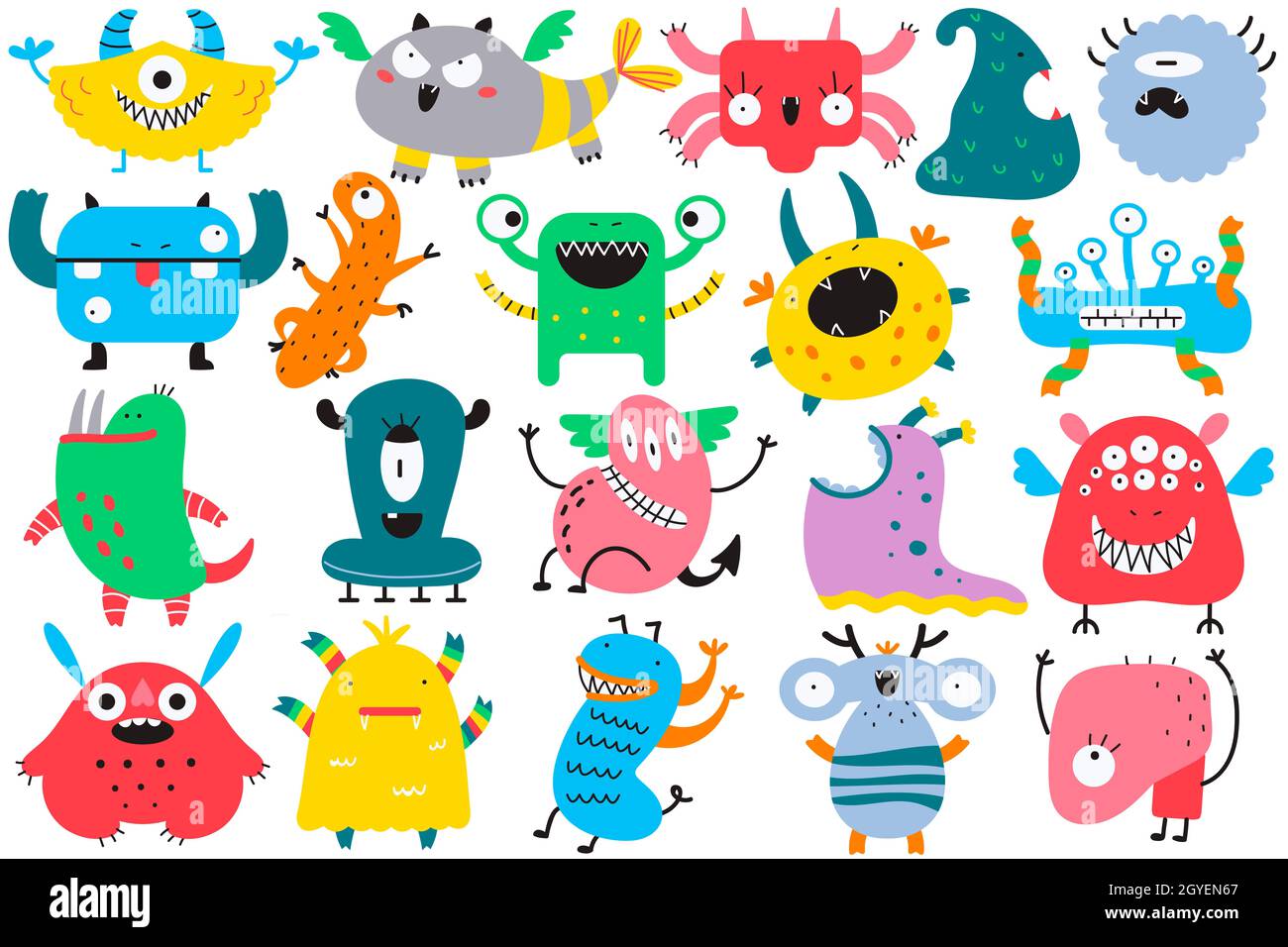 Monster Doodle Set. Sammlung von bunten Comic-Figuren gruselige Kreaturen alliens hässliche Zyklopen Bestien Maskottchen wütend gremlins. Vektordarstellung Stockfoto