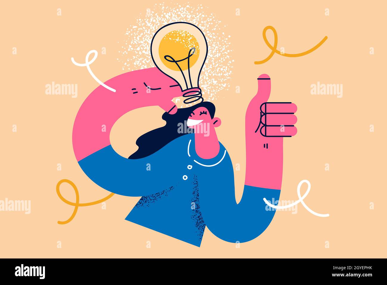 Große kreative Idee und Innovationskonzept. Junge lächelnde Frau Zeichentrickfigur stehend zeigt Daumen nach oben mit großen Idee im Auge mit Glühbirne Stockfoto