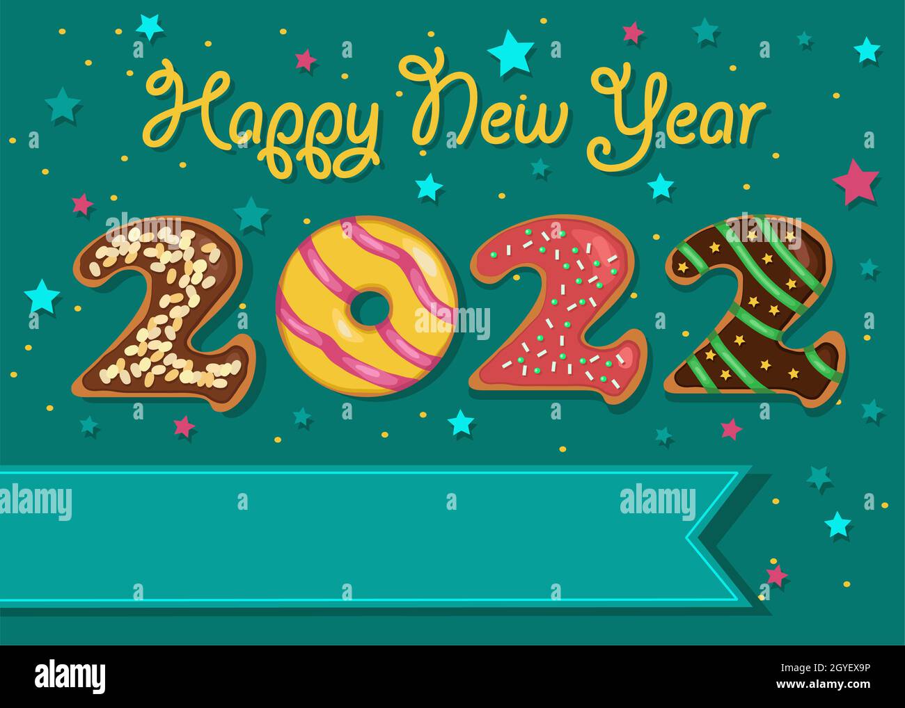 Frohes Neues Jahr 2022. Bunte Zahl als süße Donuts mit Creme- und Nussdekor. Hintergrund mit Sternen und Konfetti. Banner für benutzerdefinierten Text. Cremefarbener Text Stockfoto