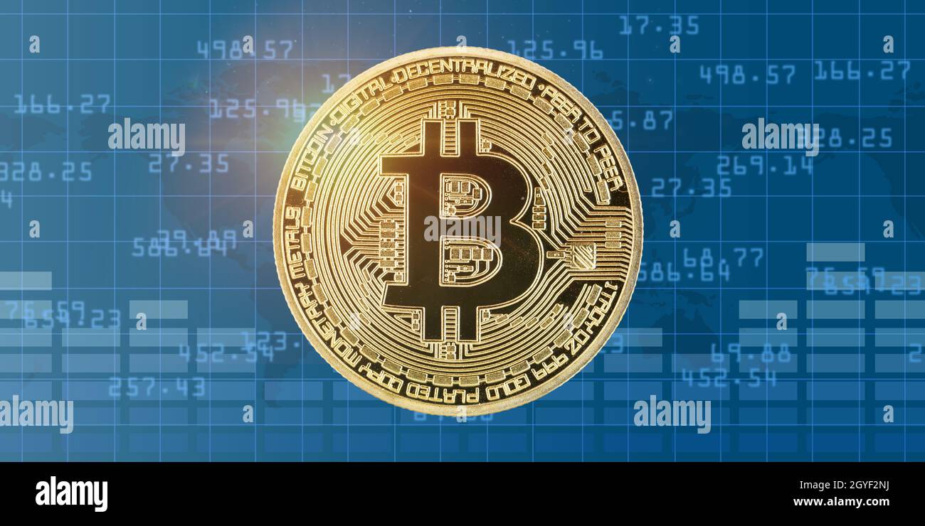 Bitcoin Krypto Währung online bezahlen digitales Geld Kryptowährung Geschäft Finanzen Banner Copyspace kopieren Raum Bit Münze Stockfoto