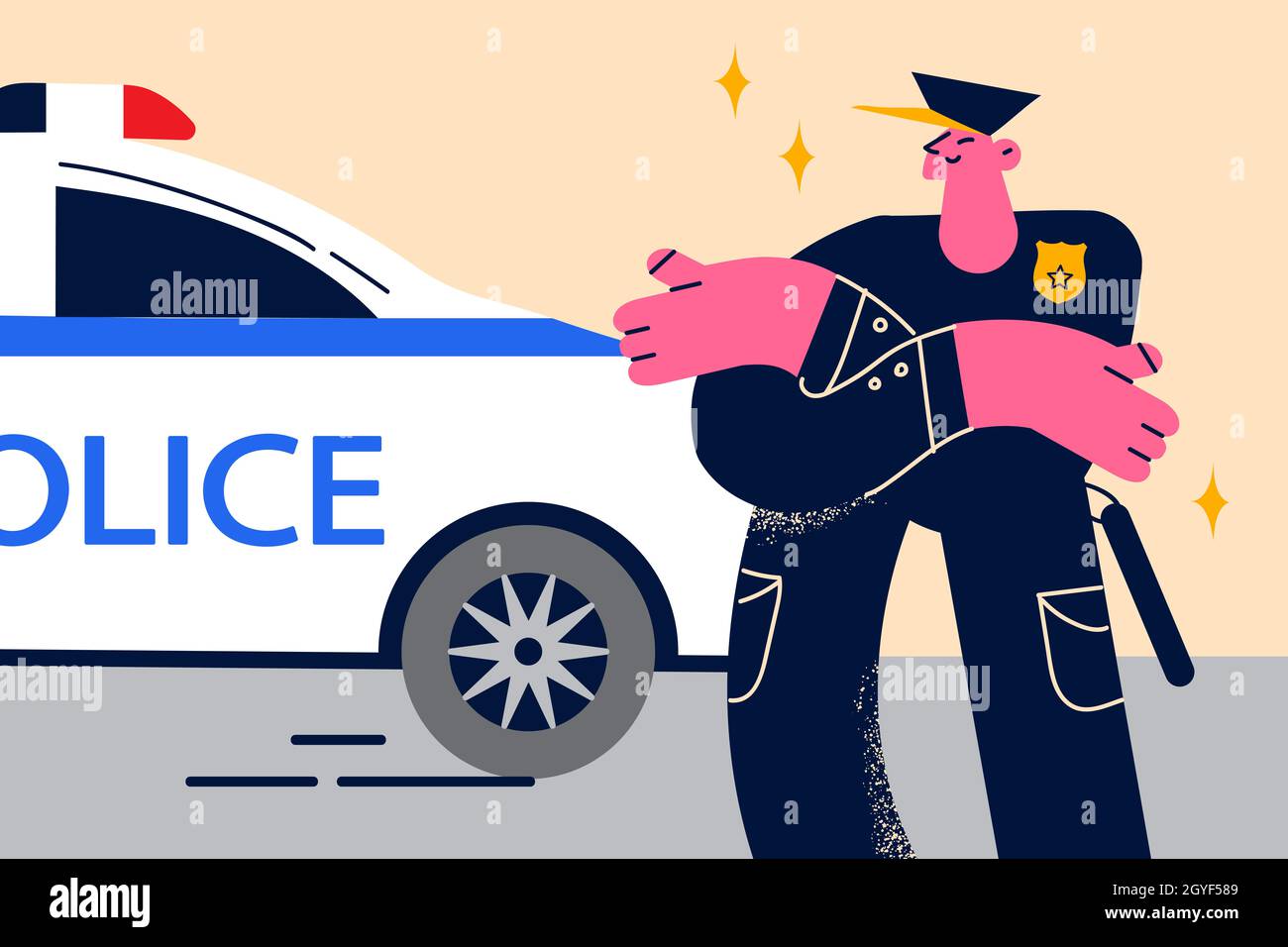Polizist und Kräfte während der Arbeit Konzept. Junge lächelnde Polizist Cartoon-Figur stehend umarmen Schultern Gefühl positiv über Arbeitswagen Stockfoto