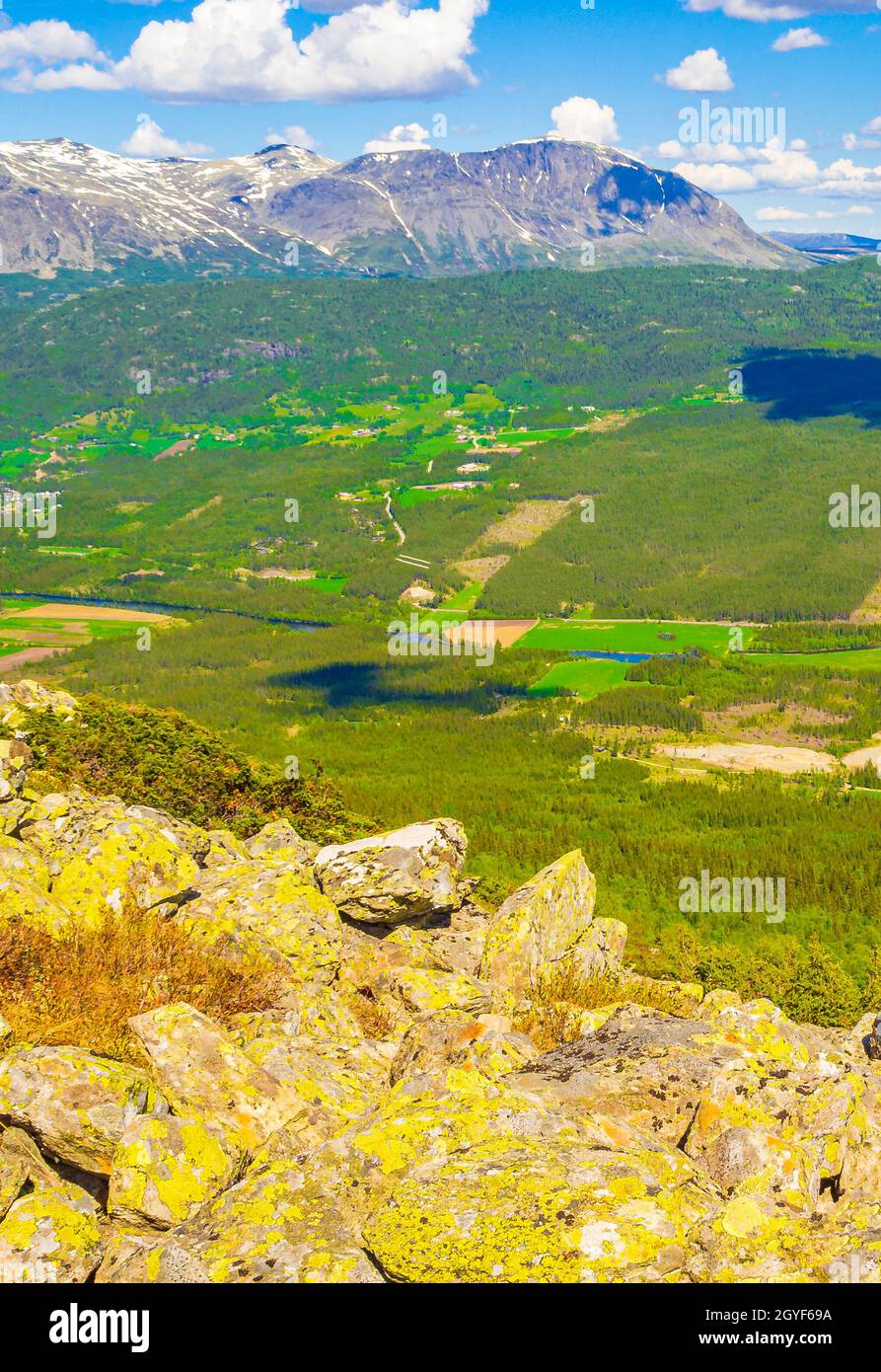 Schönes Tal Landschaft Panorama Norwegen von Hydalen Hemsedal mit Schnee in den Bergen im Sommer. Stockfoto