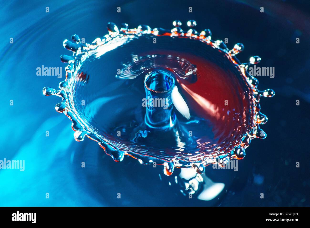 Zusammenstoß von blauem und rotem Wassertropfen von oben Stockfoto