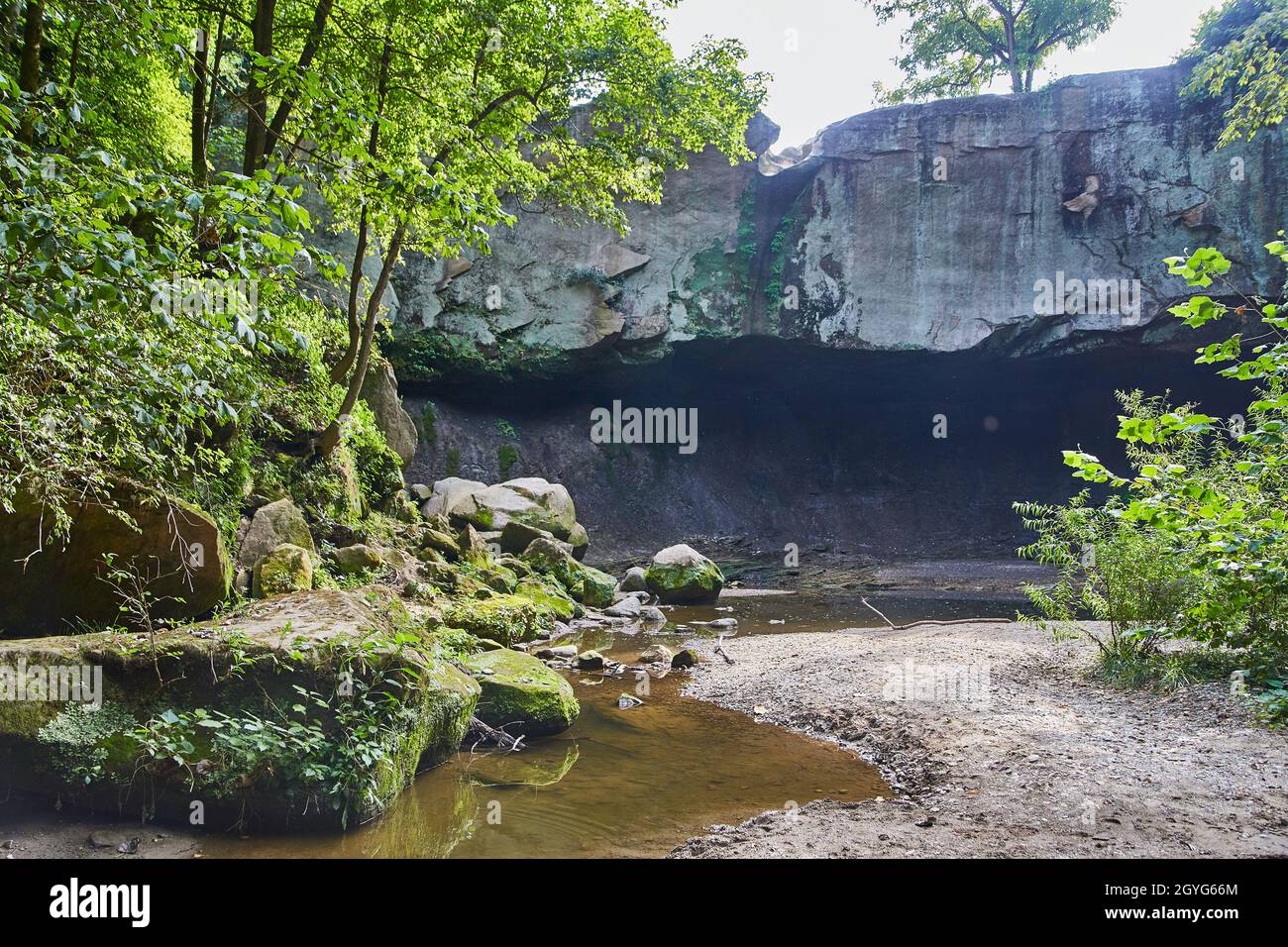 Ausgetrockneter Wasserfall mit Klippenüberhang und einem flachen Becken mit Felsbrocken und J-förmigen Bäumen in einem Wald Stockfoto