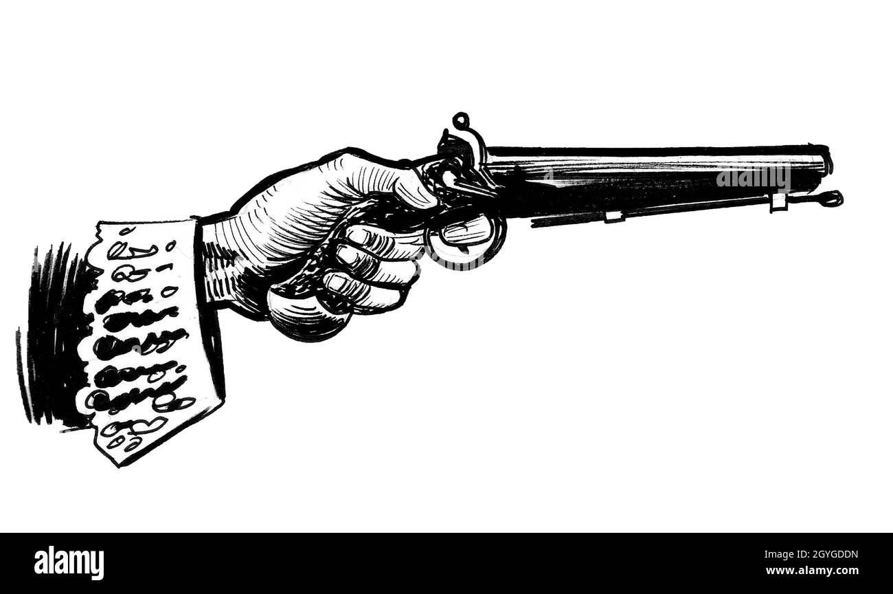 Hand hält Duell Pistole, Tinte schwarz und weiß Zeichnung Stockfoto