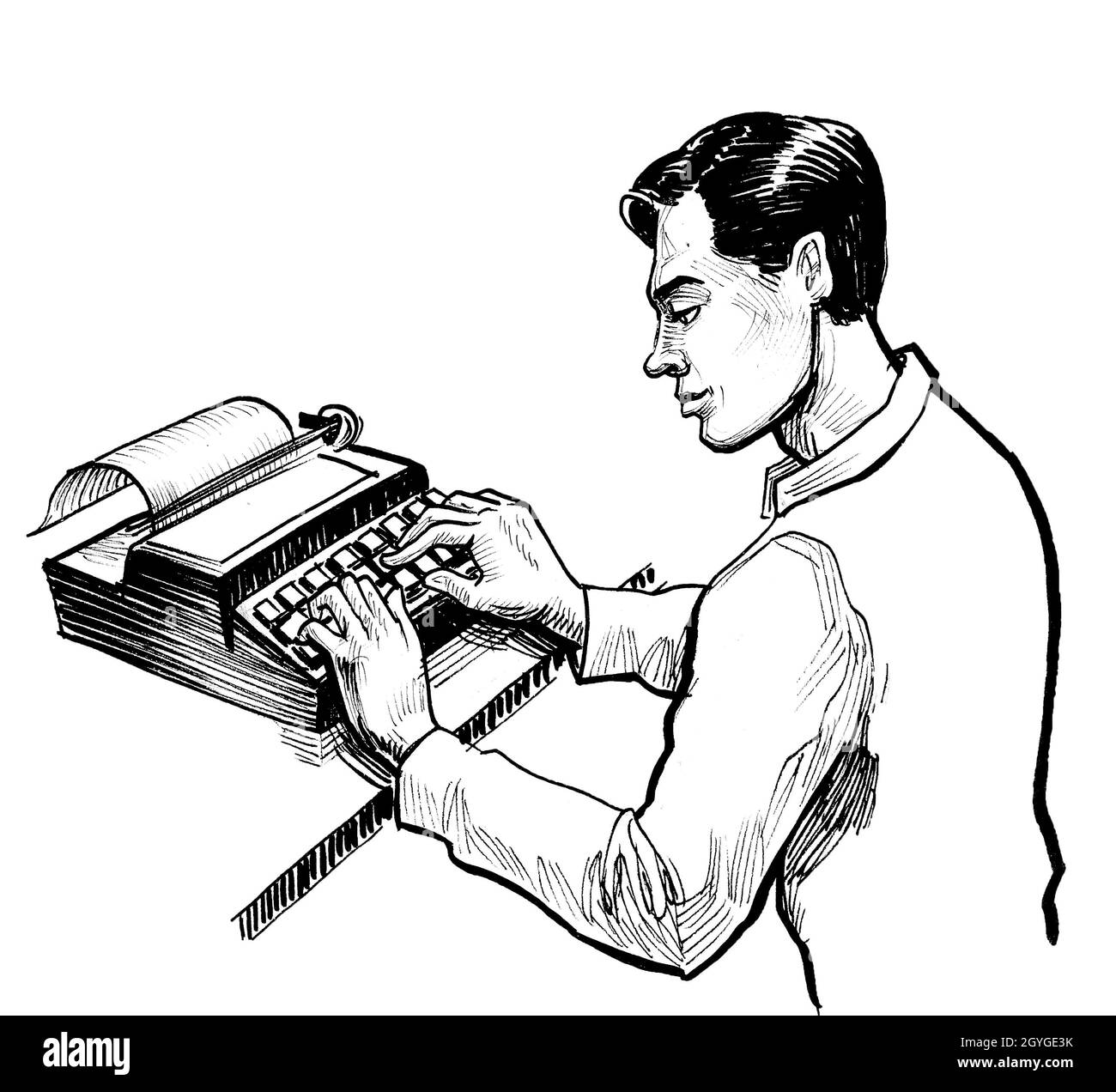 Schriftsteller tippt auf Retro-Schreibmaschine. Tinte schwarz-weiß Zeichnung Stockfoto