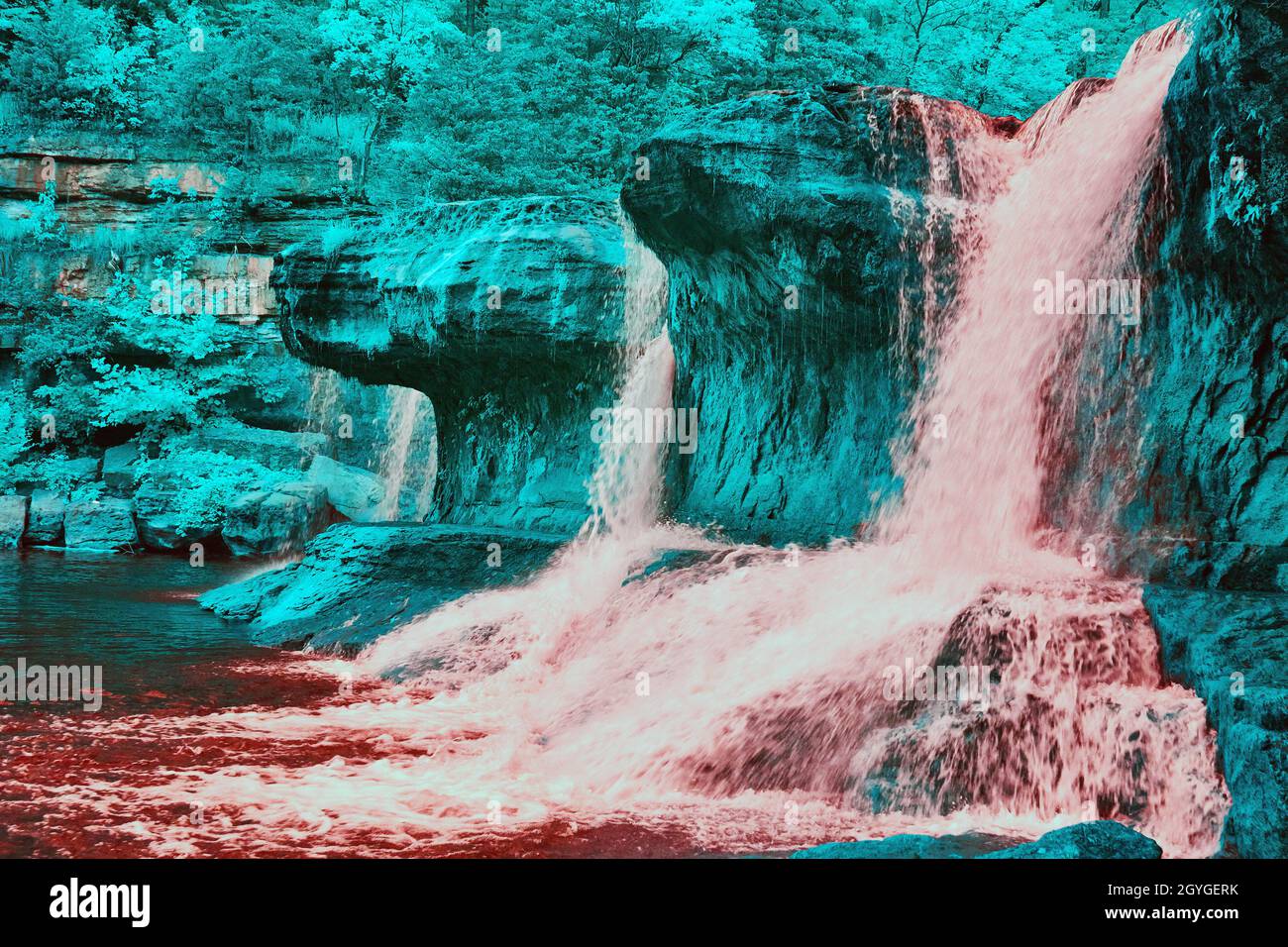 Dschungelartige Atmosphäre von Wasserfällen und moosbedeckten Steinen bei Cataract Falls im Infrarotbereich Stockfoto