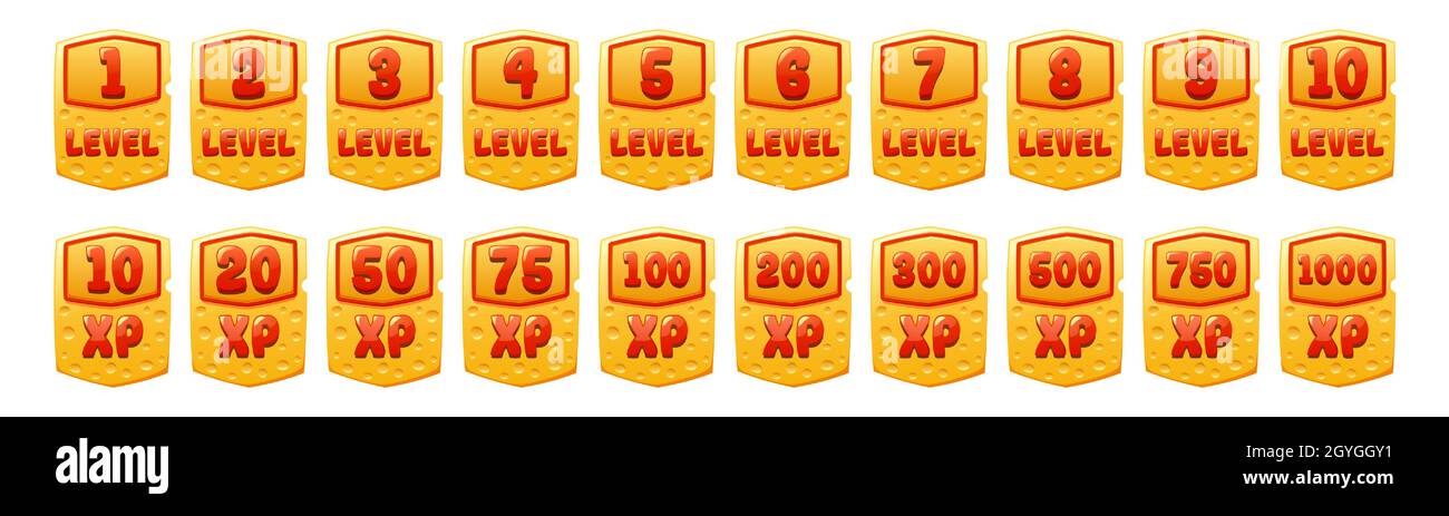 Set von Käse-Spiel-UI-Icons, Score Experience-Banner und xp-Rate isoliert App-Schaltflächen, Auszeichnung oder Bonus Grafik-Design-Elemente, Belohnung, Trophäe Leistung und Preis für rpg-Erfahrung oder Fähigkeiten Stock Vektor