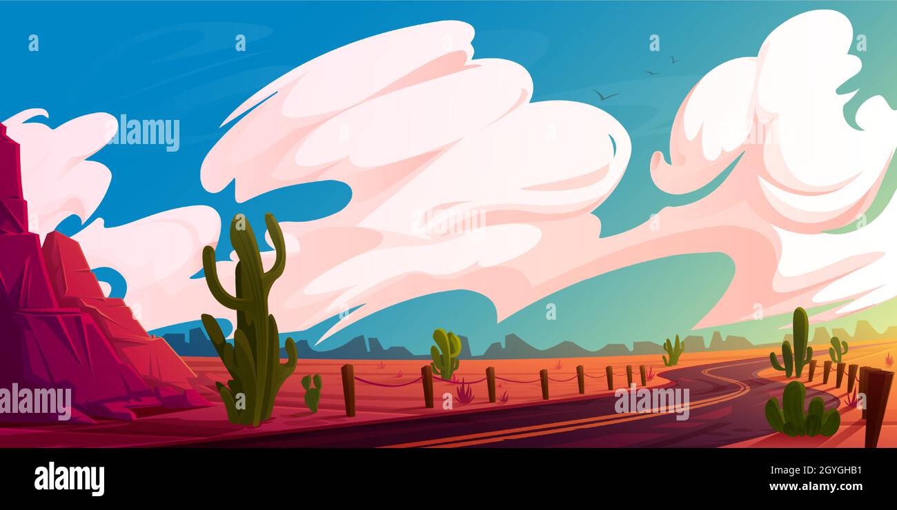 Arizona Wüstenlandschaft mit Asphaltstraße, Felsen und Kakteen. Wild West Highway in American Canyon, heißer Sand verlassene Land mit orangefarbenen Bergen. Sommer westlichen Hintergrund Vektor Cartoon Illustration Stock Vektor