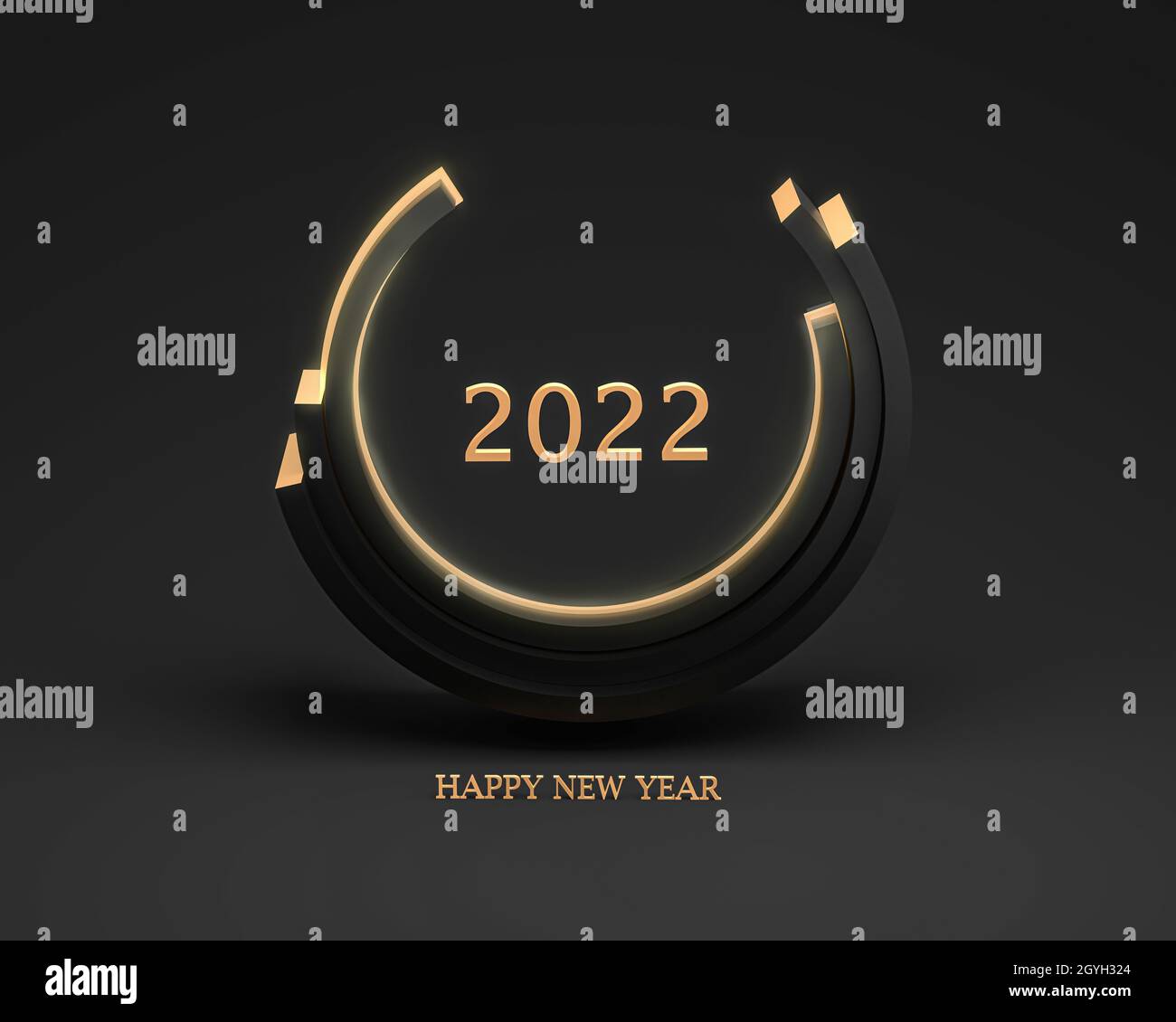 Abstrakte Abbildung einer geometrischen Figur mit der Zahl 2022 und einem Happy New Year Gruß. Elegante Postkarte in Schwarz und Gold. 3D-Rendering. Stockfoto