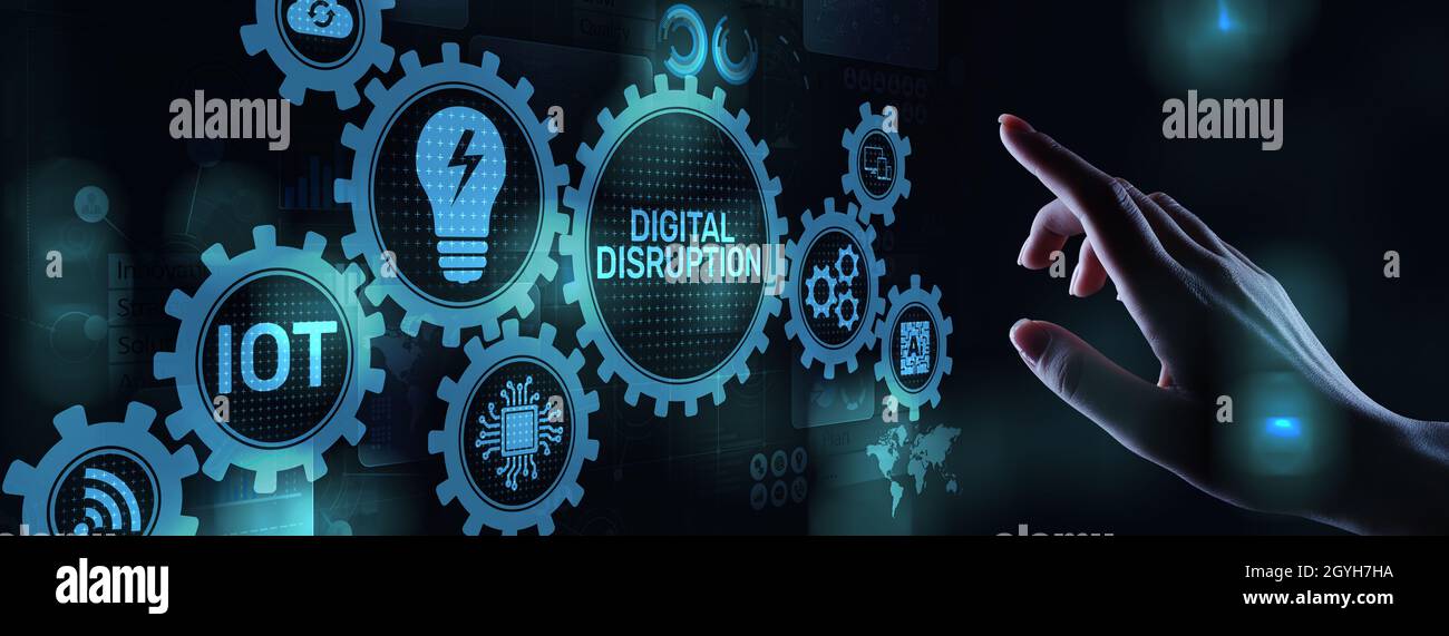 Digitale Unterbrechung. Störende Geschäftsideen. IOT Internet of Things, Netzwerk, intelligente Stadt und Maschinen, Big Data, Cloud, Analyse, Web-scale IT, Kunst Stockfoto
